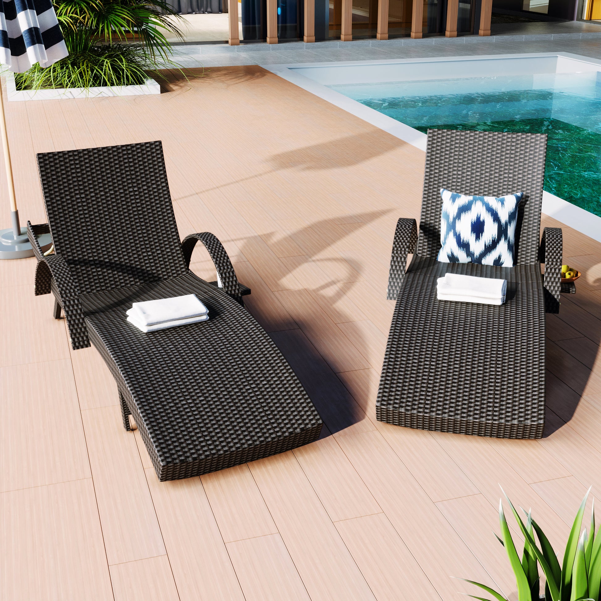 K&K 80'' Outdoor Wicker Chaise Lounge Chairs Set Of 2, Patio Rattan Reclining Chair Pull Out Side Table Adjustable Backrest Ergonomic Wave Design Pool Sunbathing Recliners, Black No Lounge Black