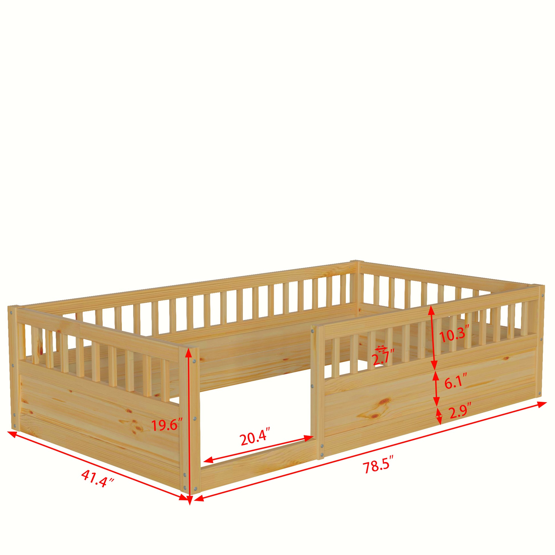 Twin Floor Bed Frame With Fence, Wood Kids Floor Beds Frame For Bedroom Playroom,Natural Expect Arrive Date Jun. 21St Twin Natural Pine