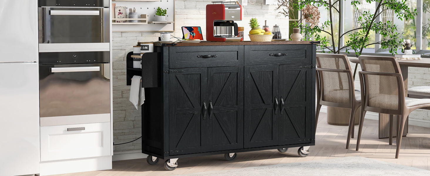 K&K 53.5''Farmhouse Kitchen Island With Power Outlet, Kitchen Storage Island With Drop Leaf, Spice Rack And Drawer, Rolling Kitchen Cart On Wheels, For Home, Kitchen And Dining Room, Black Black