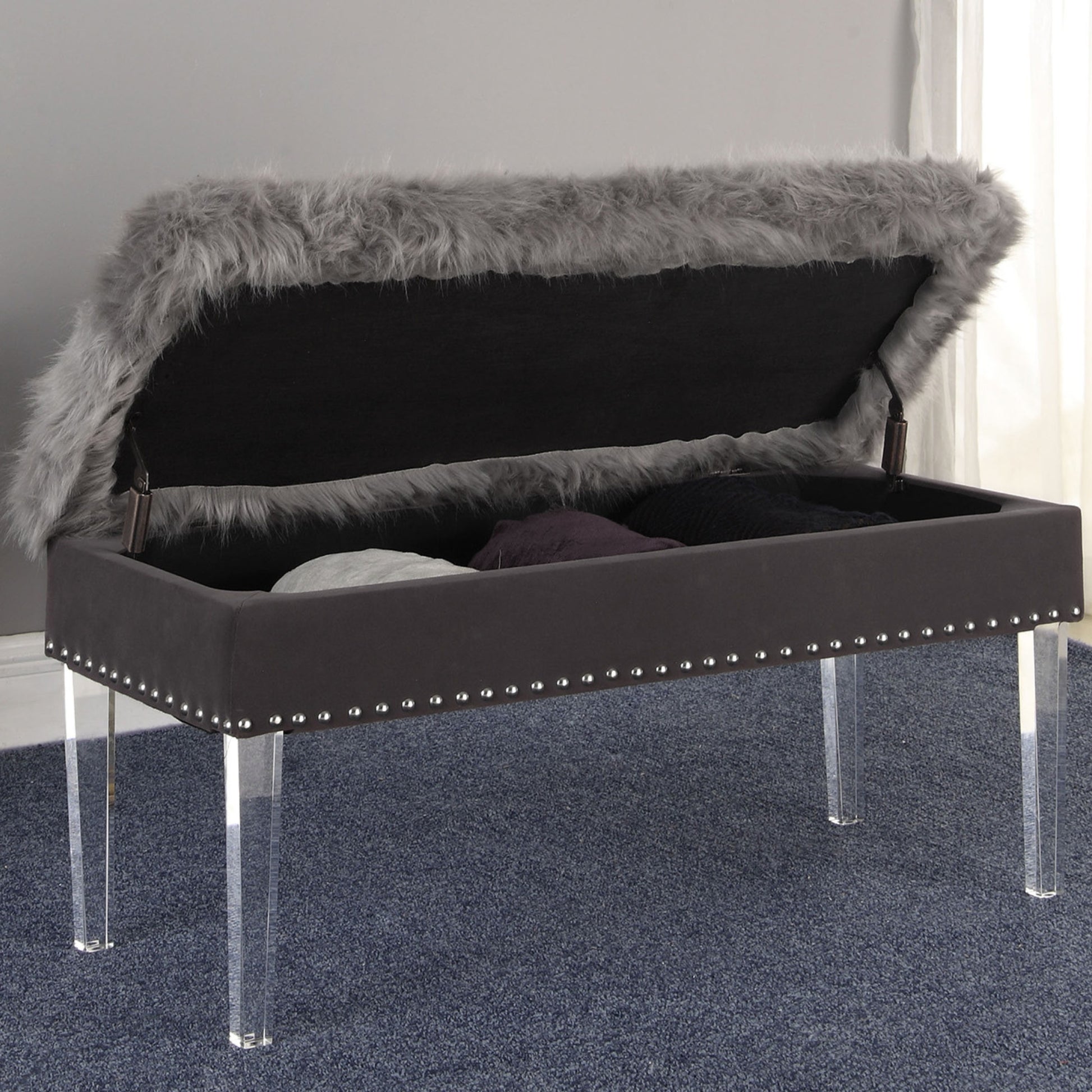 20" Tall" Horice" Mid Century Modern Tufted Storage Bench, Gray With Faux Fur Gray Faux Fur