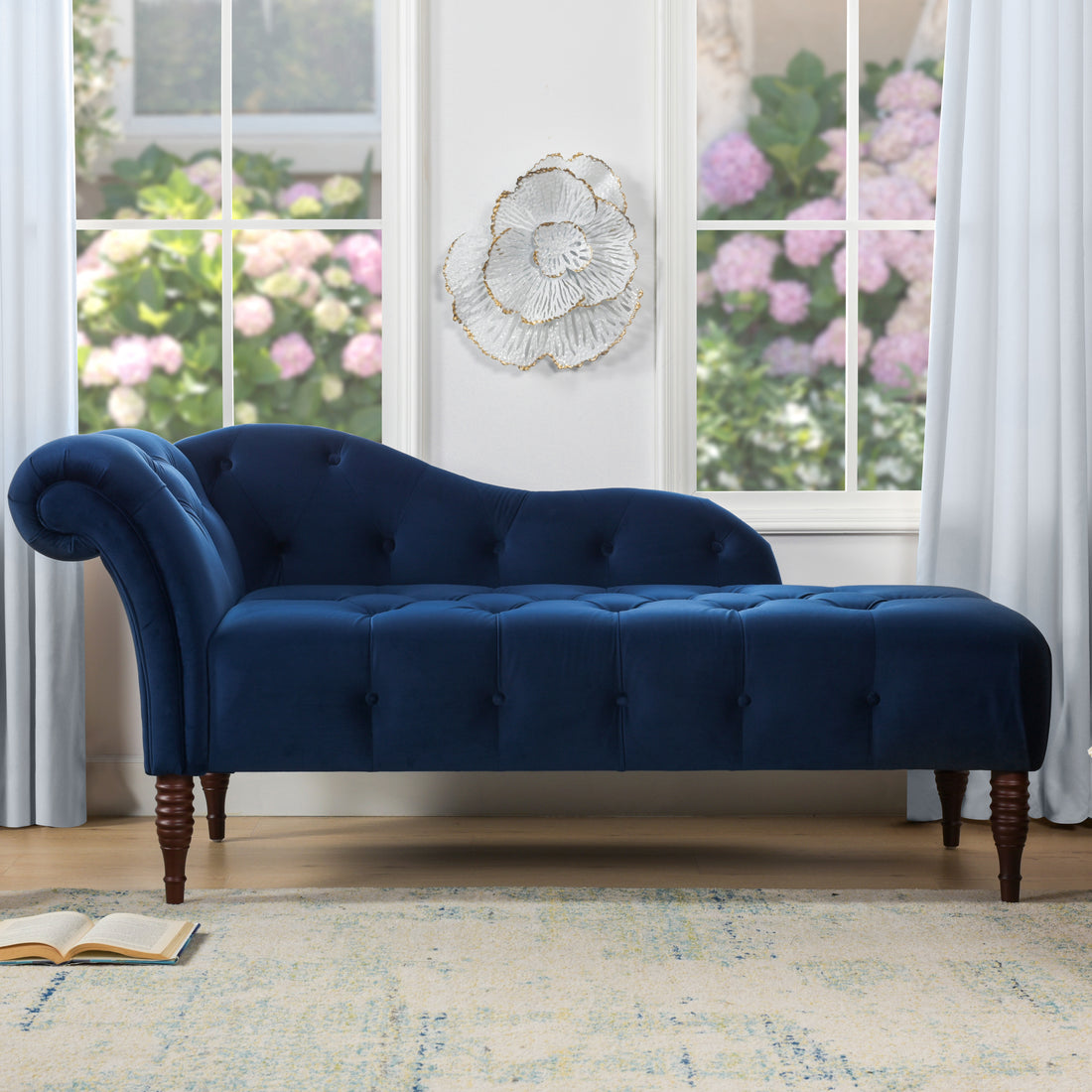 Samuel Tufted Roll Arm Chaise Lounge, Navy Blue Velvet Navy Blue Foam Velvet