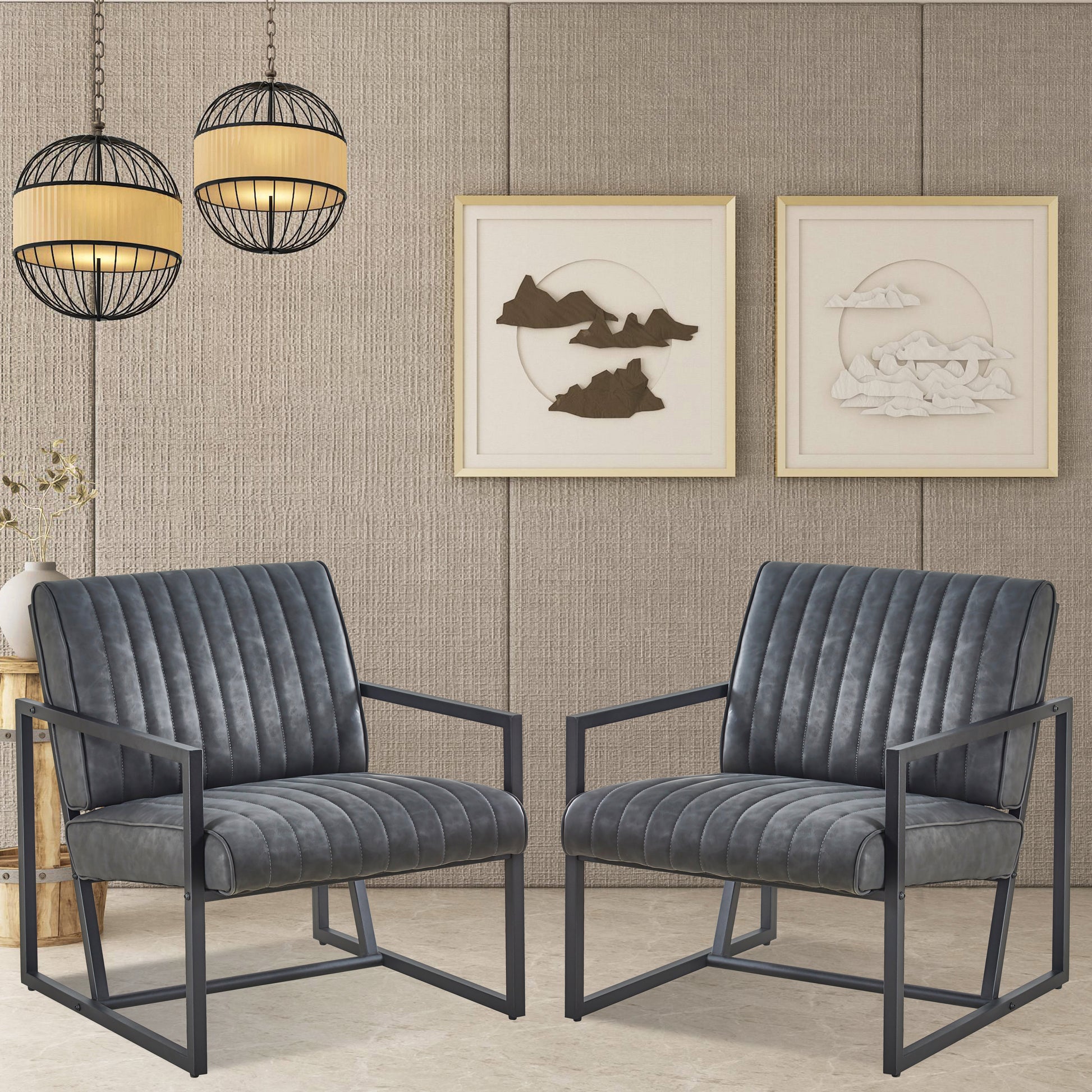 Modern Design High Quality Pu Grey Steel Armchair For Kitchen, Dining, Bedroom, Living Room Grey Upholstered Leather