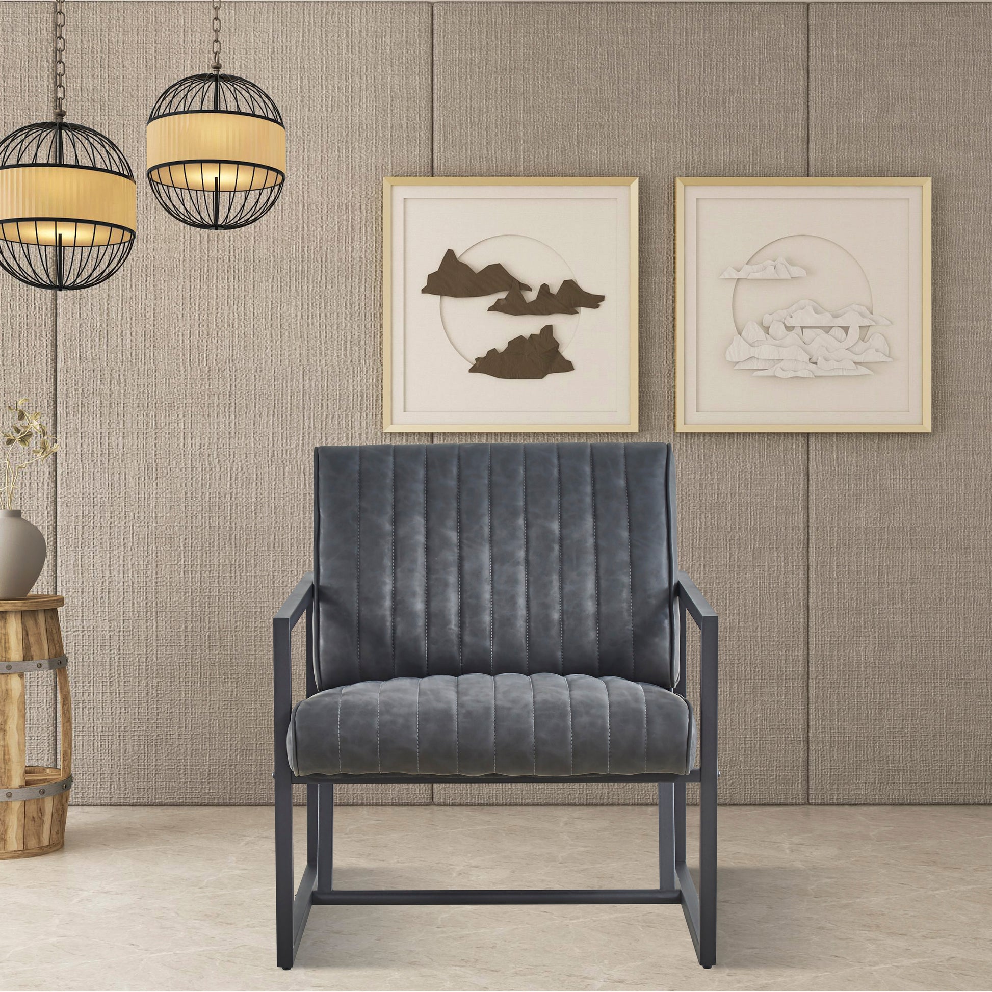 Modern Design High Quality Pu Grey Steel Armchair For Kitchen, Dining, Bedroom, Living Room Grey Upholstered Leather