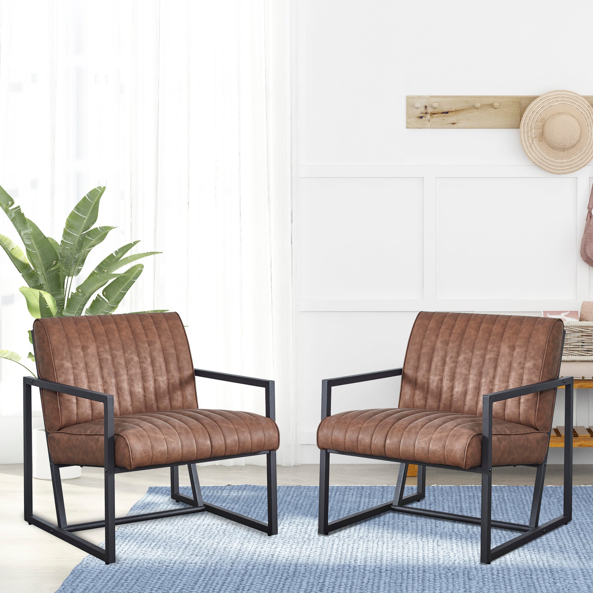 Modern Design High Quality Pu Brown Steel Armchair For Kitchen, Dining, Bedroom, Living Room Brown Upholstered Leather