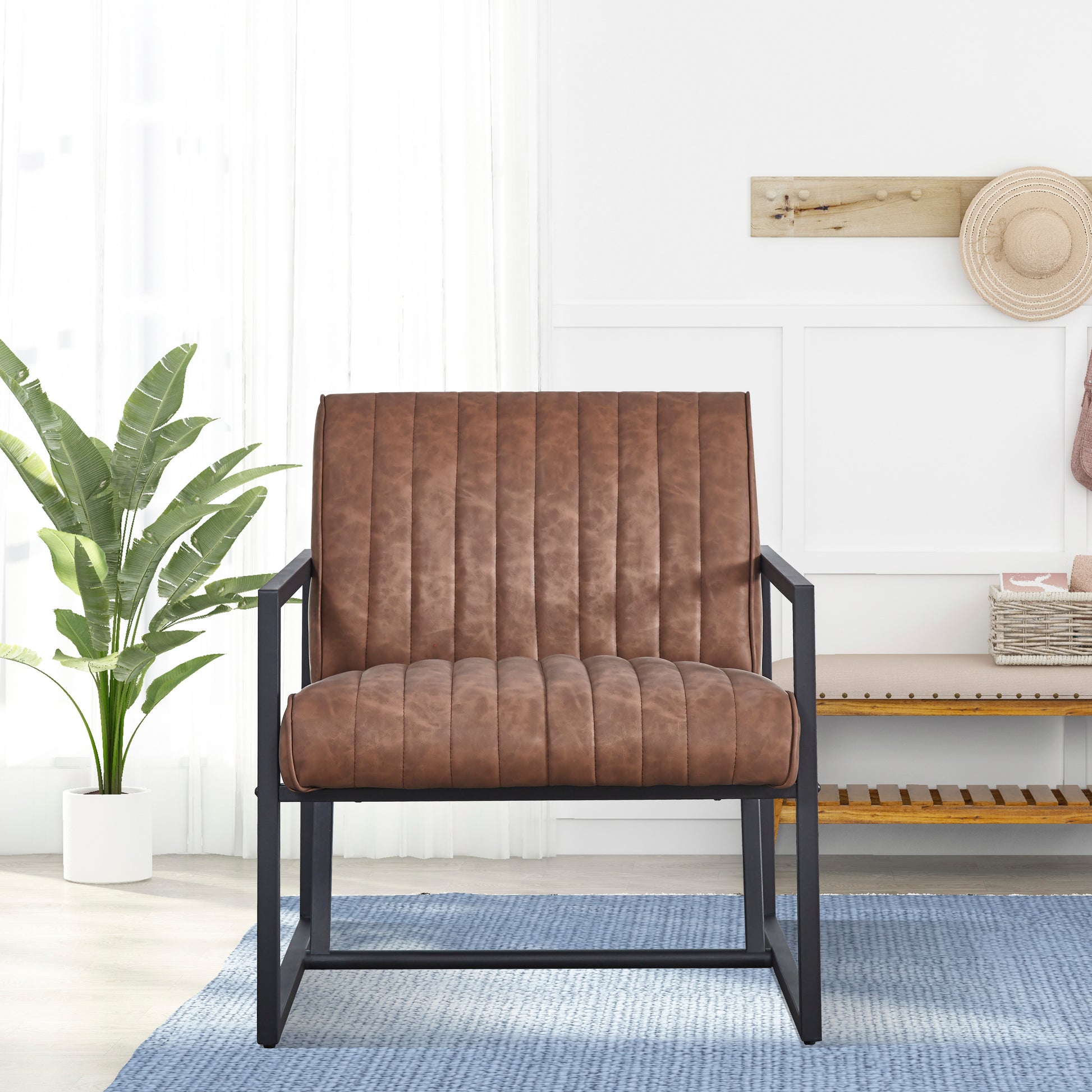 Modern Design High Quality Pu Brown Steel Armchair For Kitchen, Dining, Bedroom, Living Room Brown Upholstered Leather