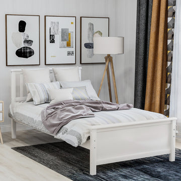 Twin Size Wood Platform Bed With Headboard,Footboard And Wood Slat Support, White White Solid Wood