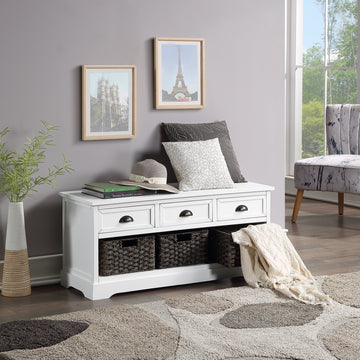 Homes Collection Wood Storage Bench With 3 Drawers And 3 Woven Baskets As Same As Wf189496Aak White Mdf