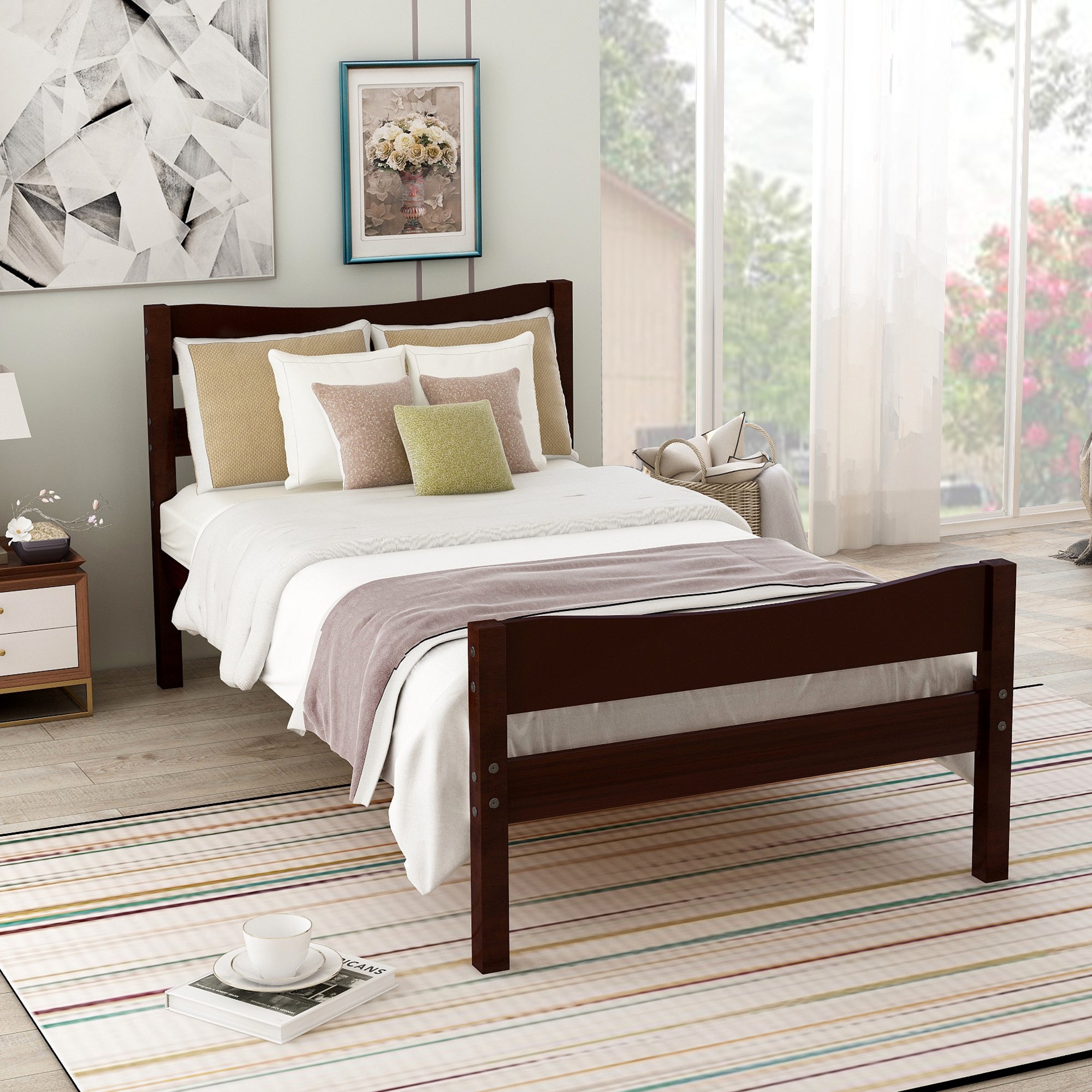 Twin Size Wood Platform Bed With Headboard And Wooden Slat Support Espresso Espresso Solid Wood