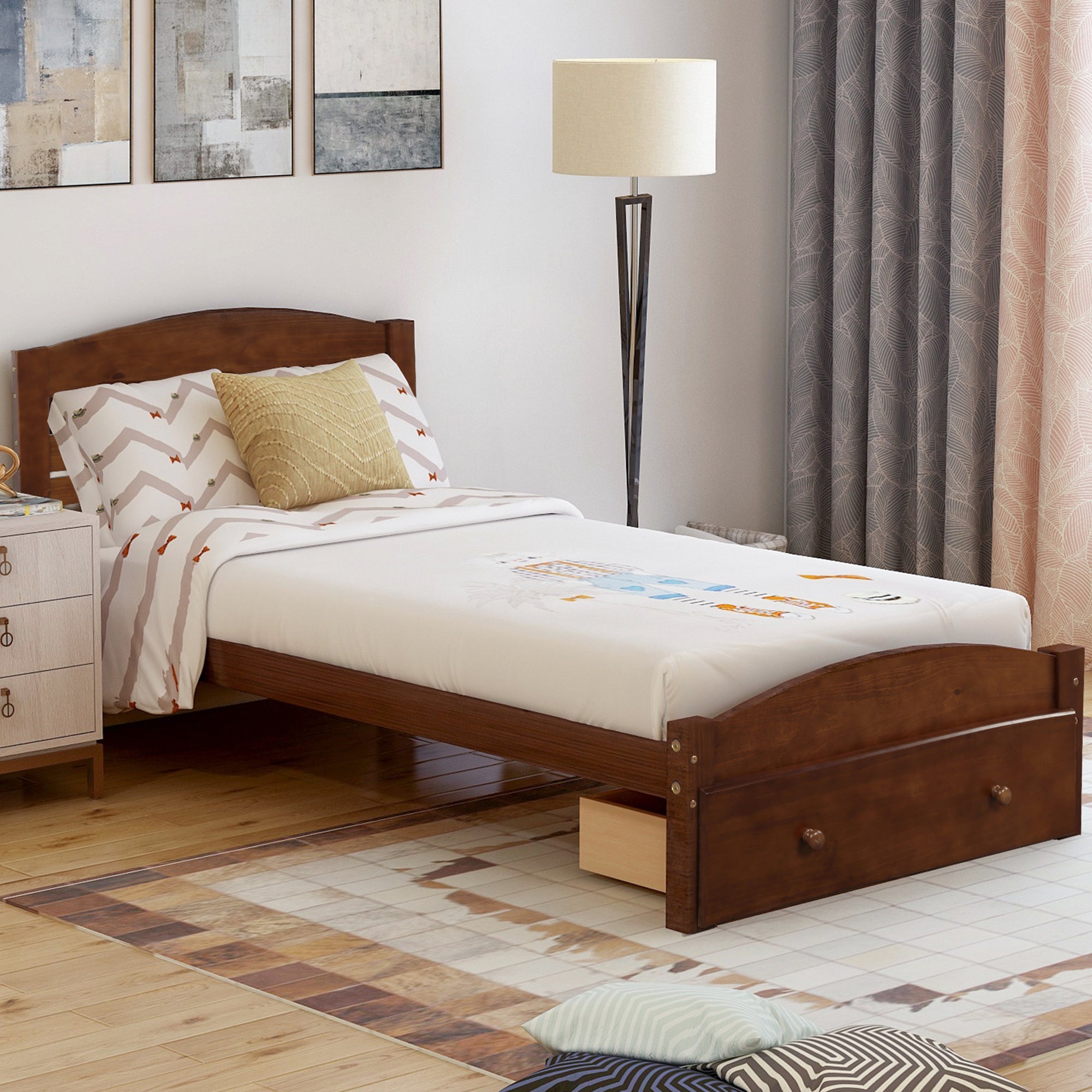 Platform Twin Bed Frame With Storage Drawer And Wood Slat Support No Box Spring Needed, Walnut Walnut Solid Wood