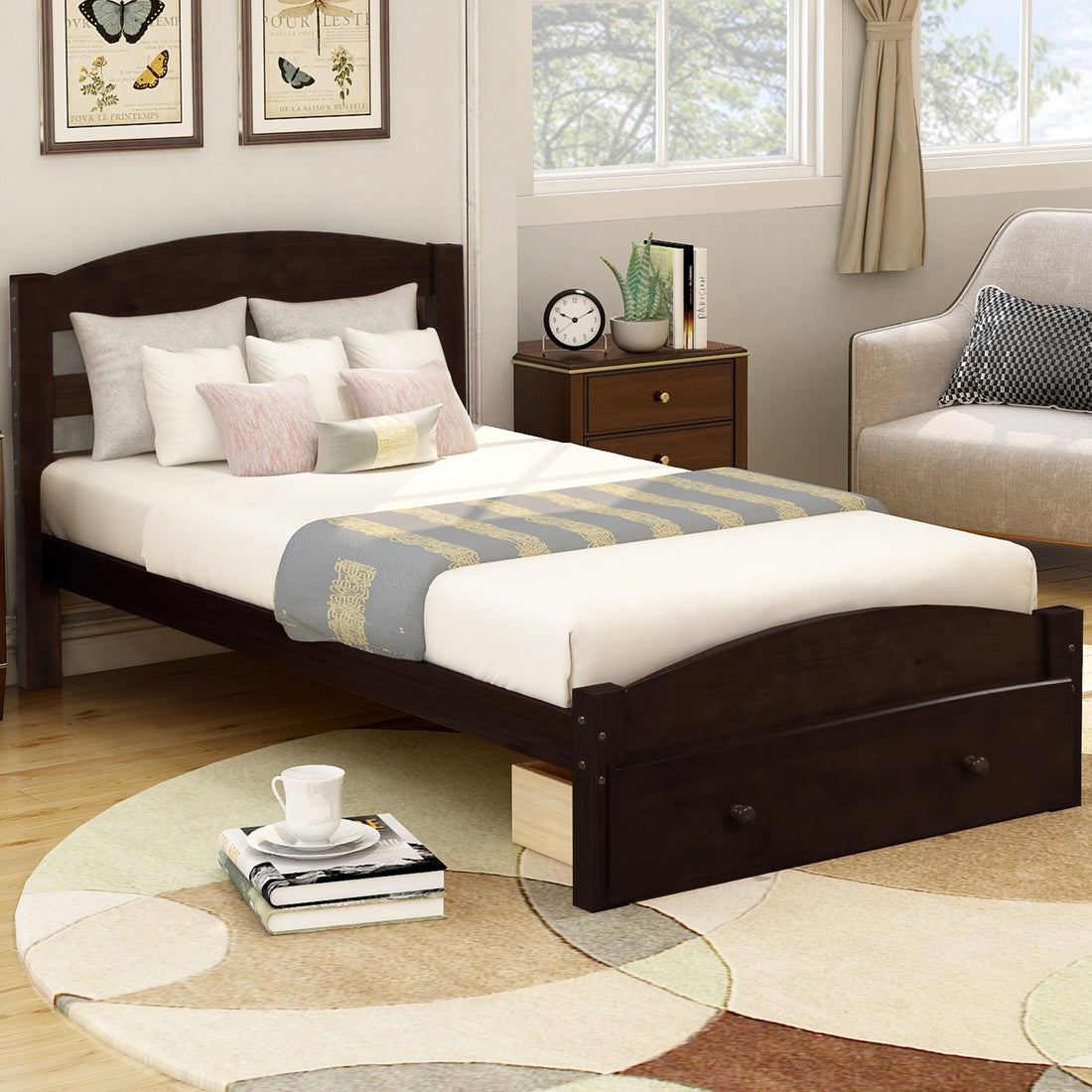 Platform Twin Bed Frame With Storage Drawer And Wood Slat Support No Box Spring Needed, Espresso Espresso Solid Wood