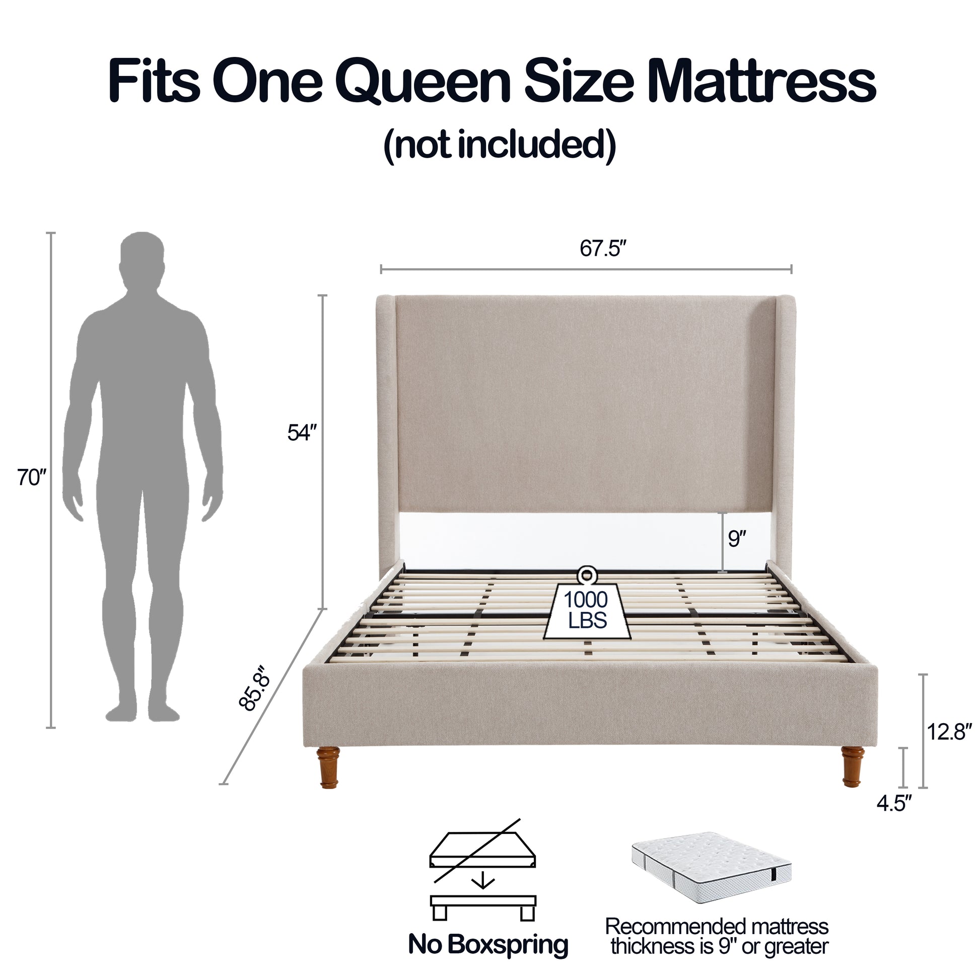 Harper Tall Headboard Upholstered Bed 54" High Headboard Elegant Simplicity No Box Spring Needed Easy Assembly Queen Light Gray Chenille Box Spring Not Required Queen Light Gray Metal Brown Bedroom Contemporary Oak Bed Frame Foam Chenille Fabric Metal