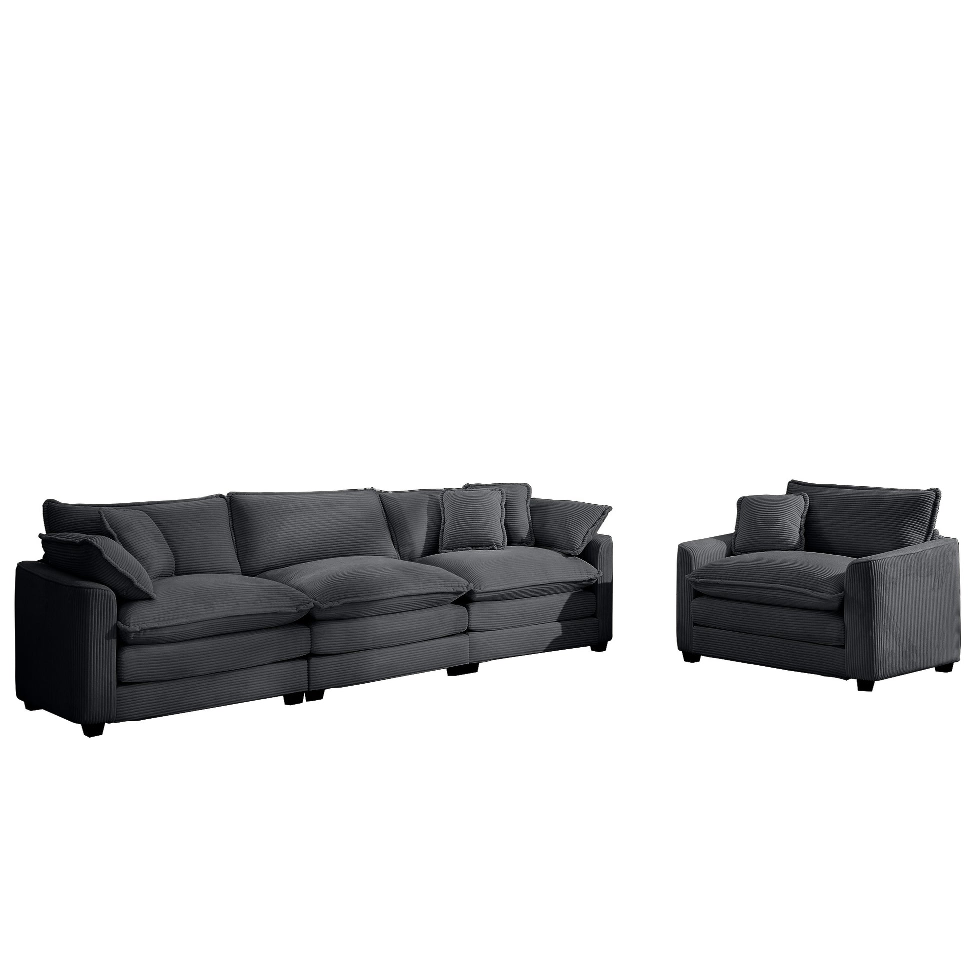Mid Century Modern Sectional Set Of Two, One 3 Seater Sectional And One Single Seater Sectional With 2 Arm Pillows And 4 Throw Pillows, Living Room Sectional Grey Corduroy Fabric Grey Corduroy 4 Seat