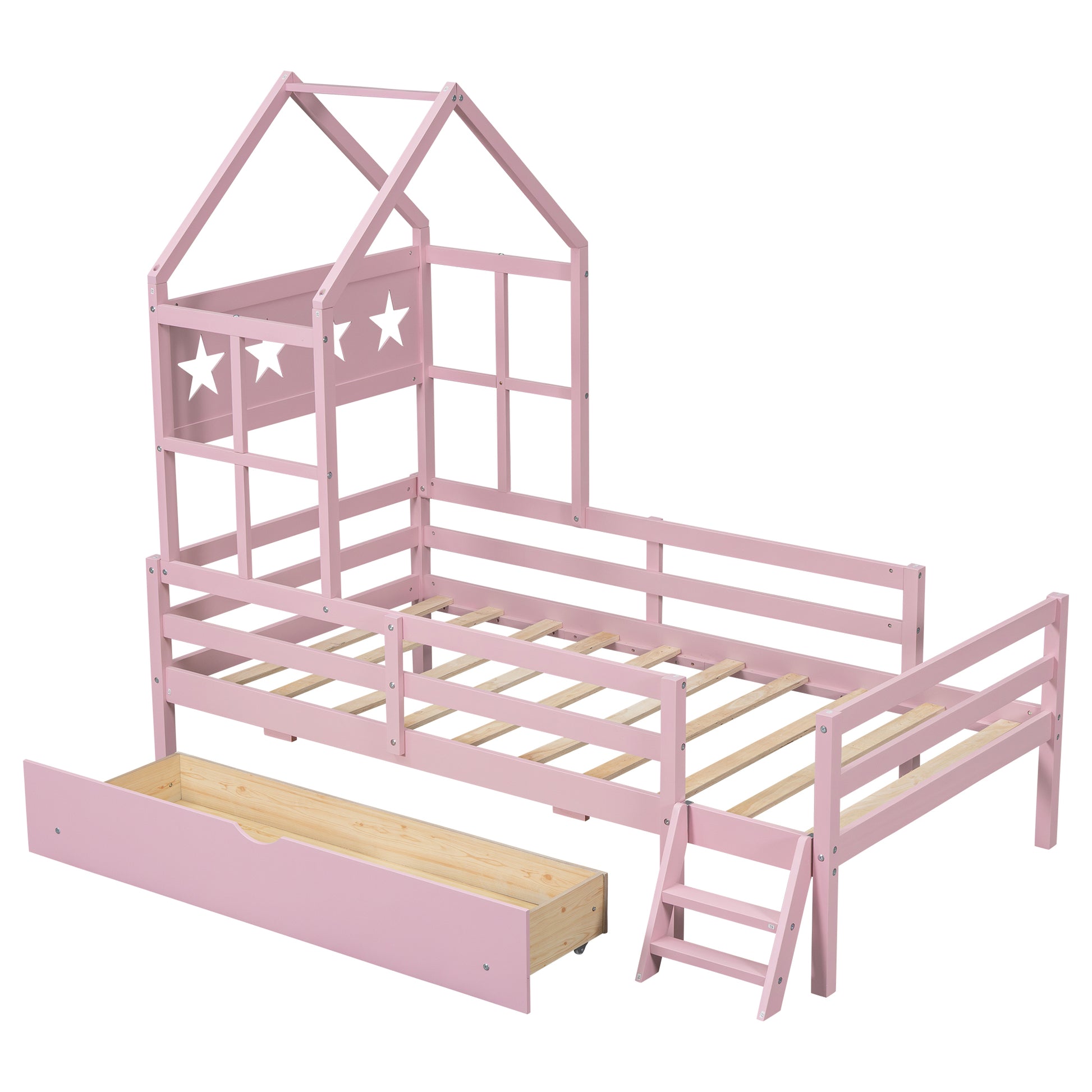 Wood Twin Size House Platform Bed With Guardrail And Drawer, Pink Box Spring Not Required Twin Pink Wood Bedroom Bed Frame Solid Wood Mdf