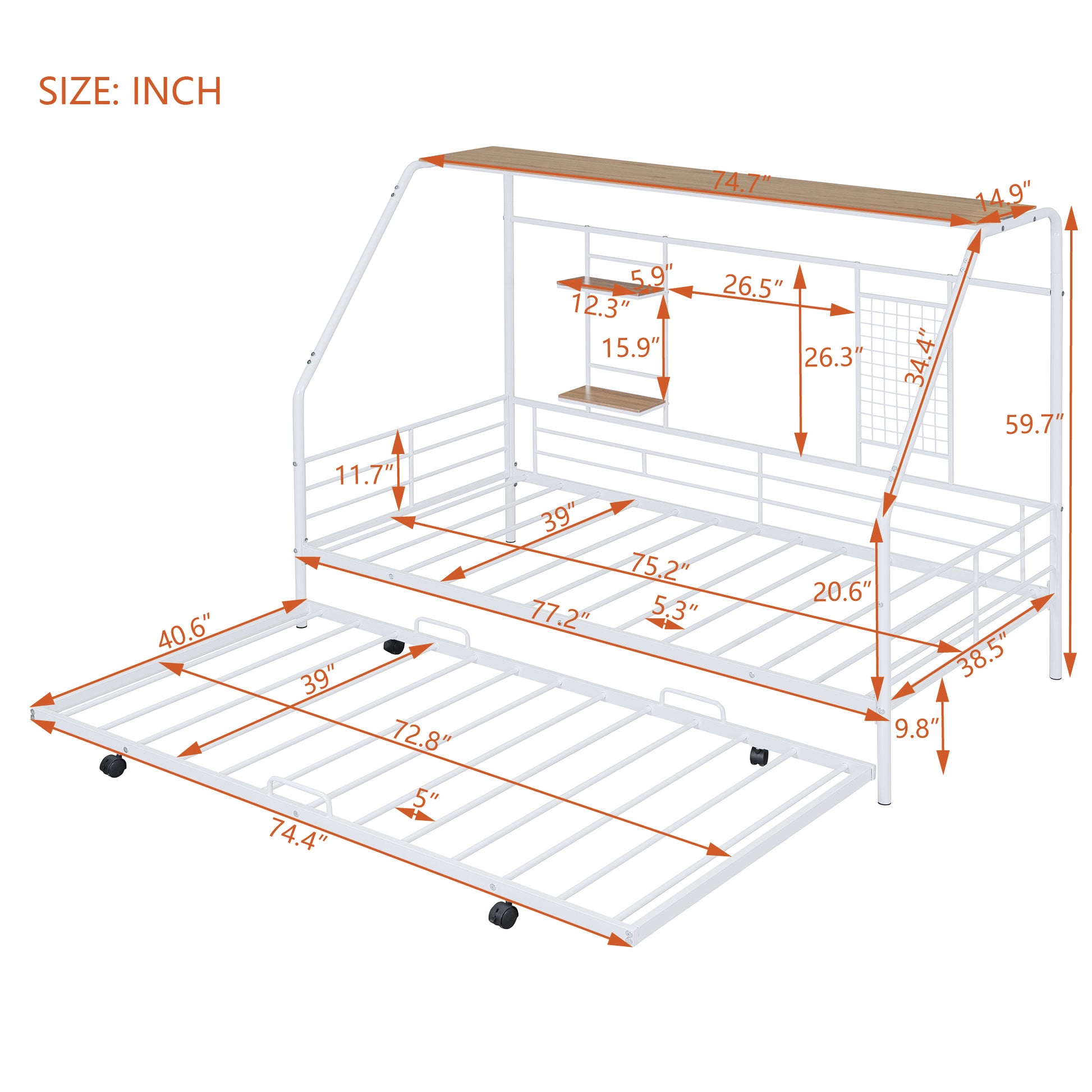 Twin Size Metal House Bed With Trundle, White Twin White Metal