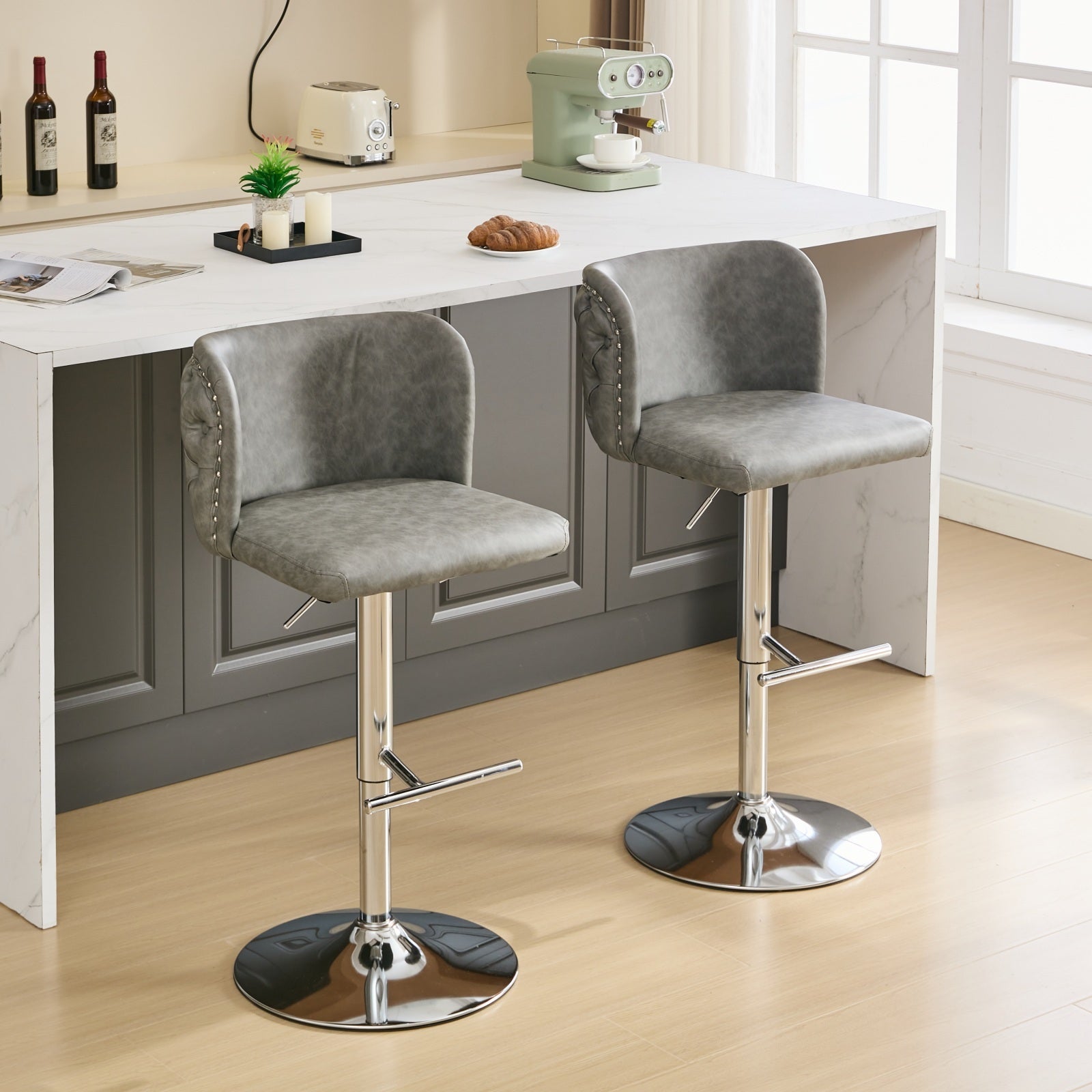 Swivel Barstools Adjusatble Seat Height With Chrome Base, Modern Pu Upholstered Bar Stools With The Whole Back Tufted, For Home Pub And Kitchen Island,Gray, Set Of 2 Gray American Design Bar Stools Set Of 2 Foam Pu Leather
