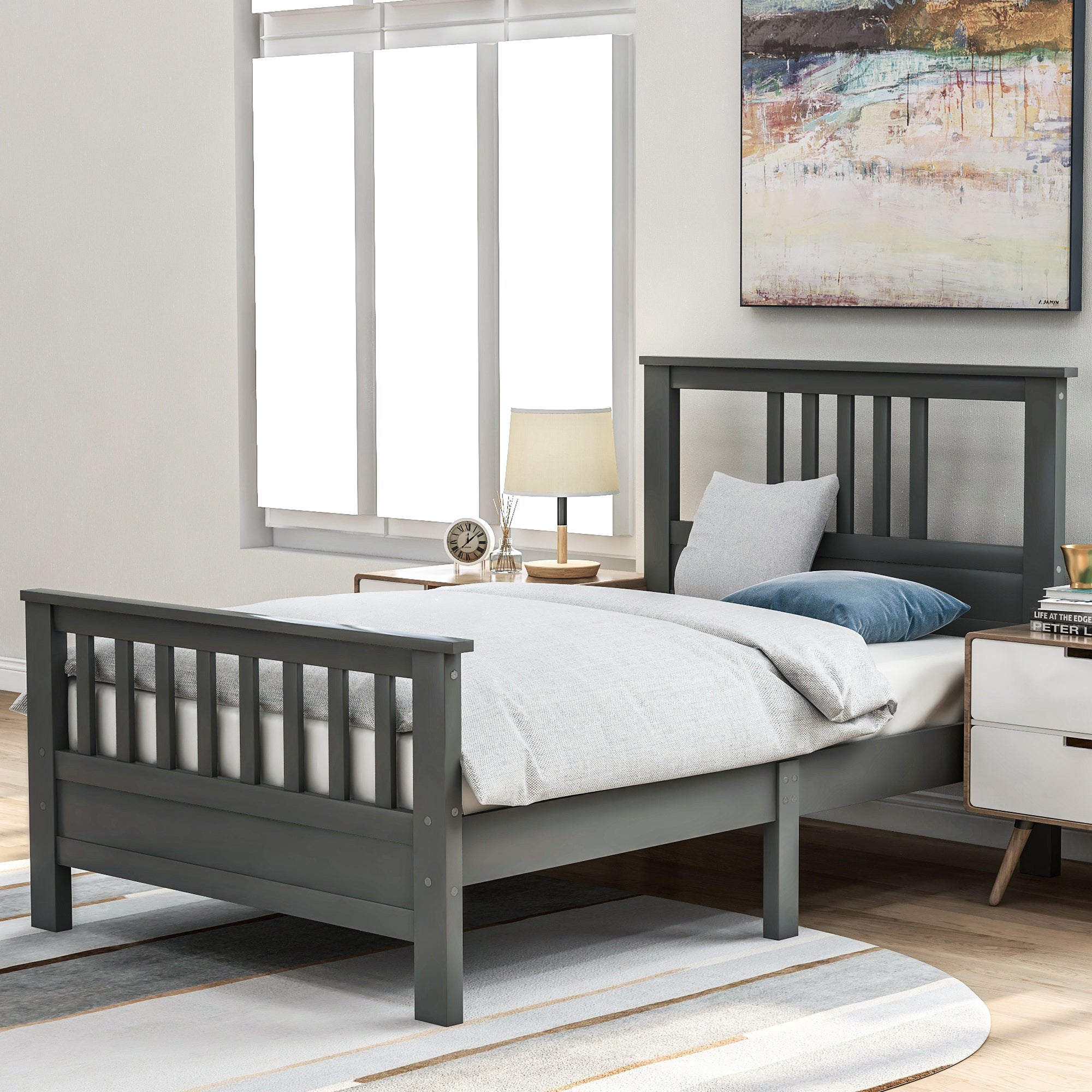 Wood Platform Bed With Headboard And Footboard, Twin Gray Twin Gray Pine