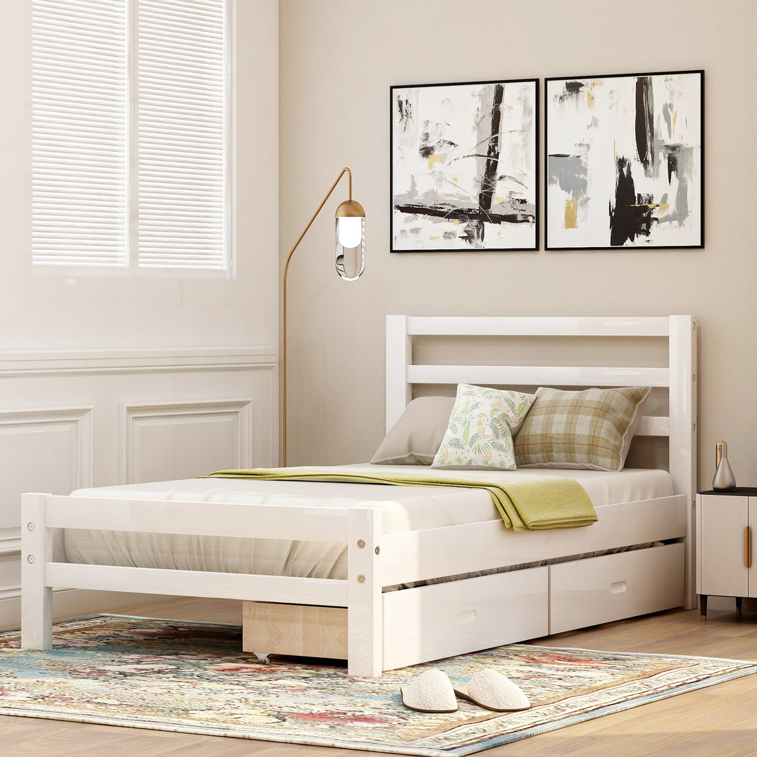 Wood Platform Bed With Two Drawers, Twin White White Pine