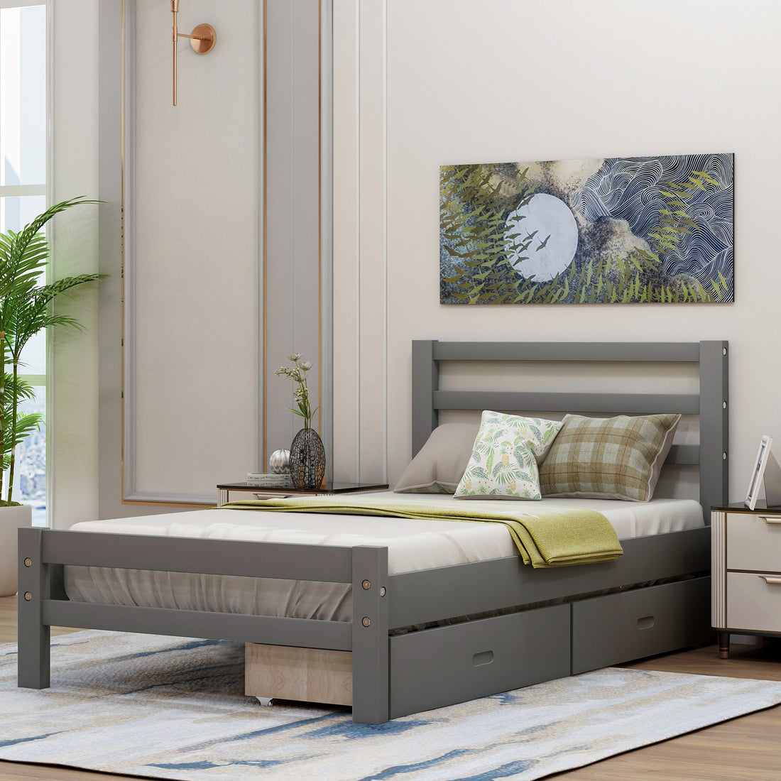 Wood Platform Bed With Two Drawers, Twin Gray Gray Pine