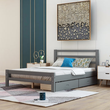 Wood Platform Bed With Two Drawers, Full Gray Gray Pine