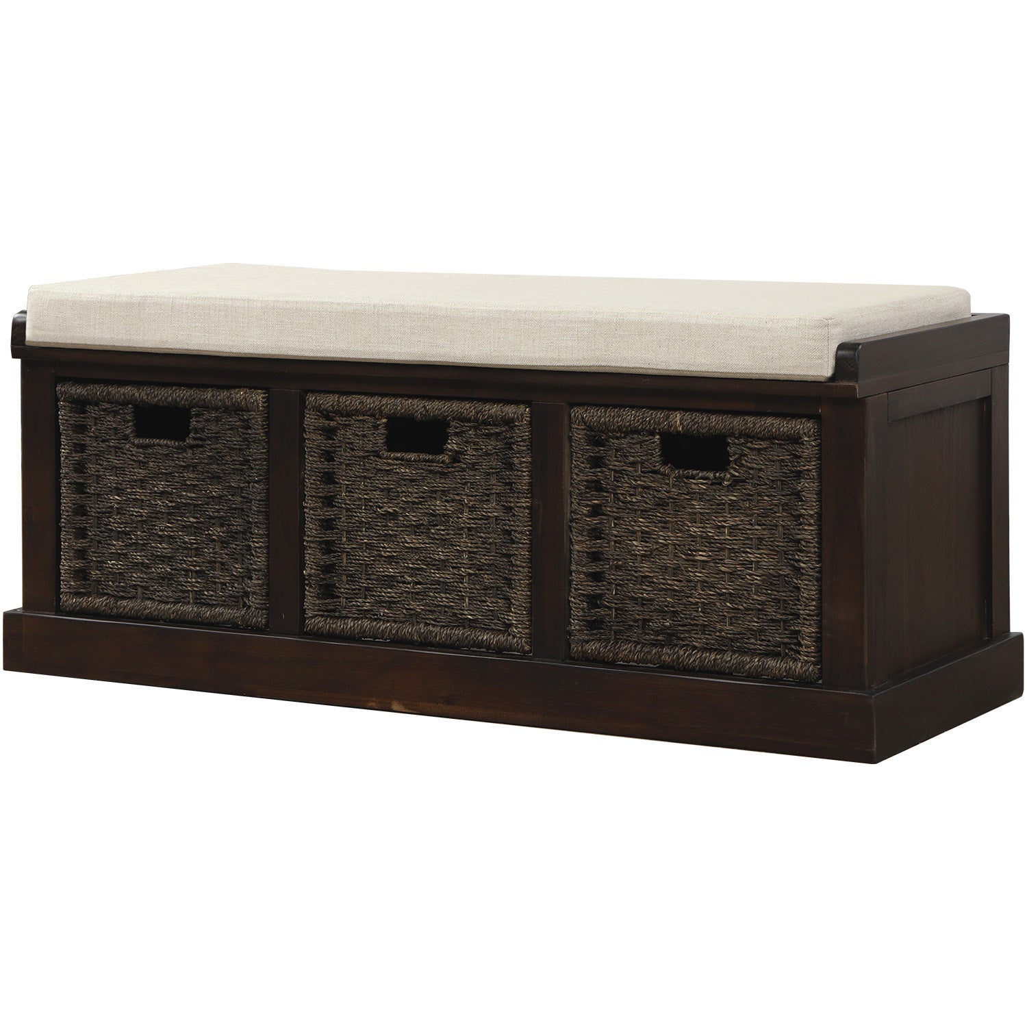 Rustic Storage Bench With 3 Removable Classic Rattan Basketentryway Bench With Removable Cushion Espresso Espresso Solid Wood