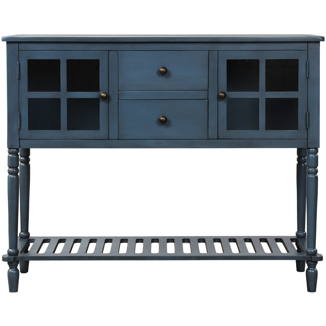 Sideboard Console Table With Bottom Shelf, Farmhouse Wood Glass Buffet Storage Cabinet Living Room Antique Navy Antique Navy Solid Wood