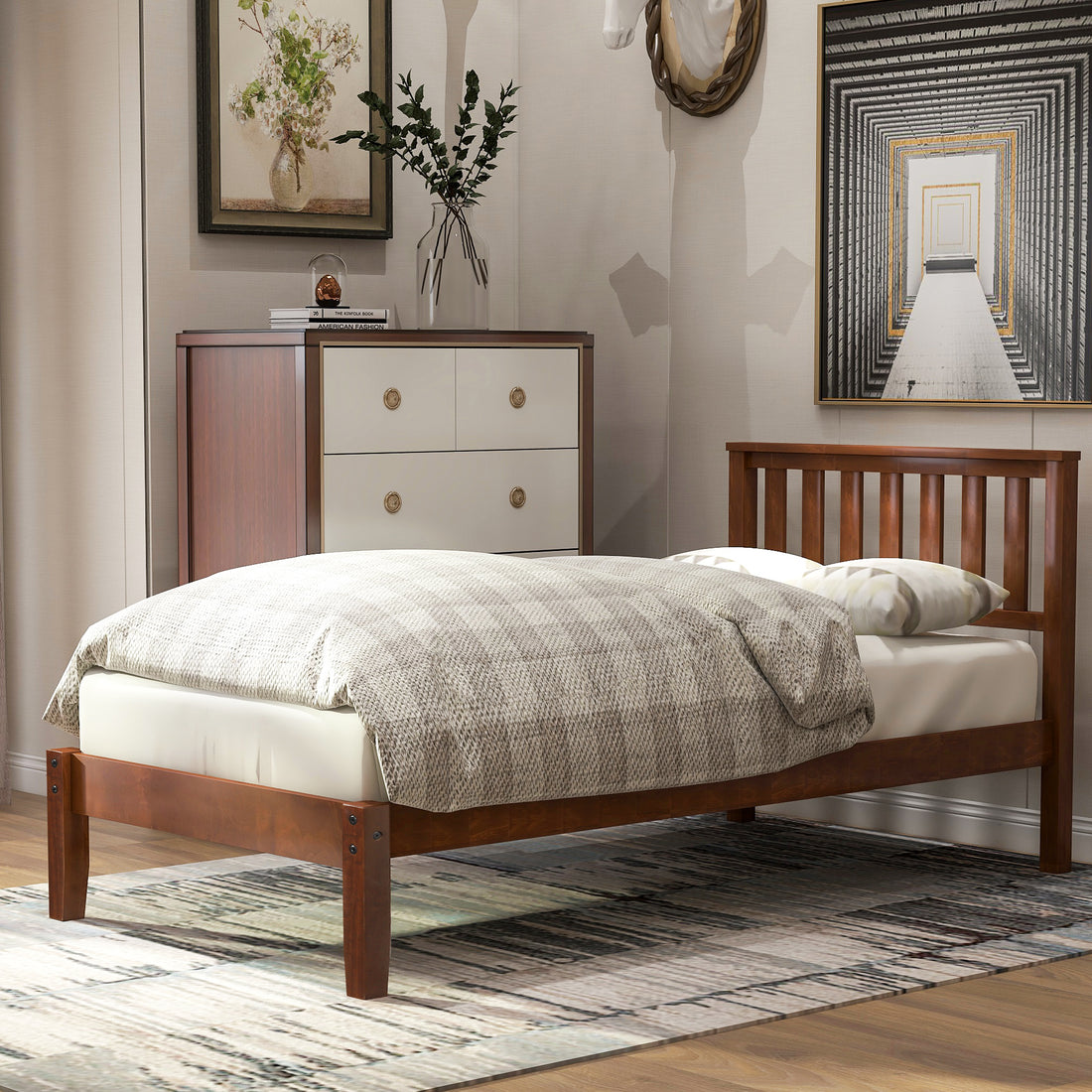 Wood Platform Bed With Headboard Wood Slat Support.Twin Walnut Walnut Solid Wood