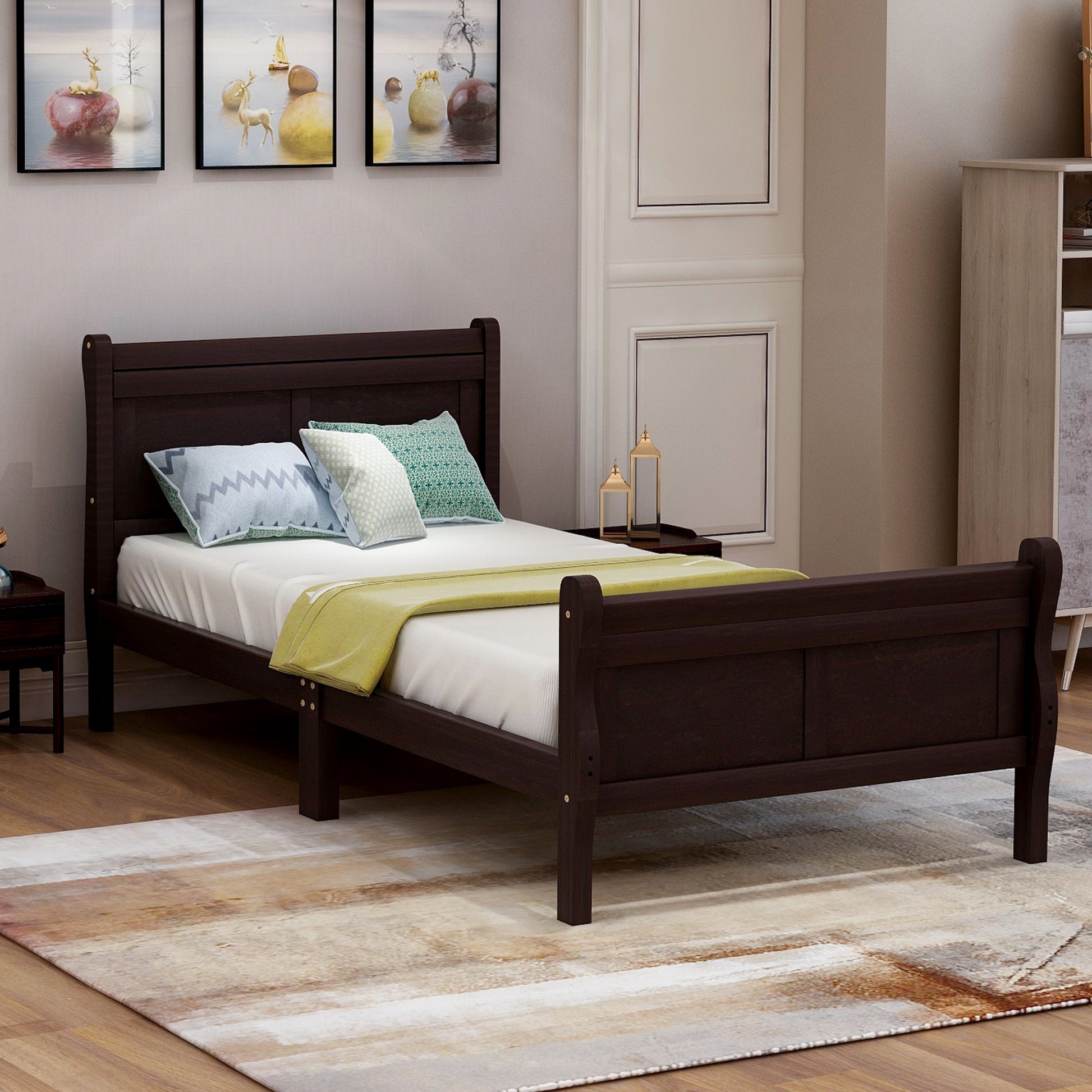 Wood Platform Bed Twin Bed Frame Mattress Foundation Sleigh Bed With Headboard Footboard Wood Slat Support Espresso Solid Wood