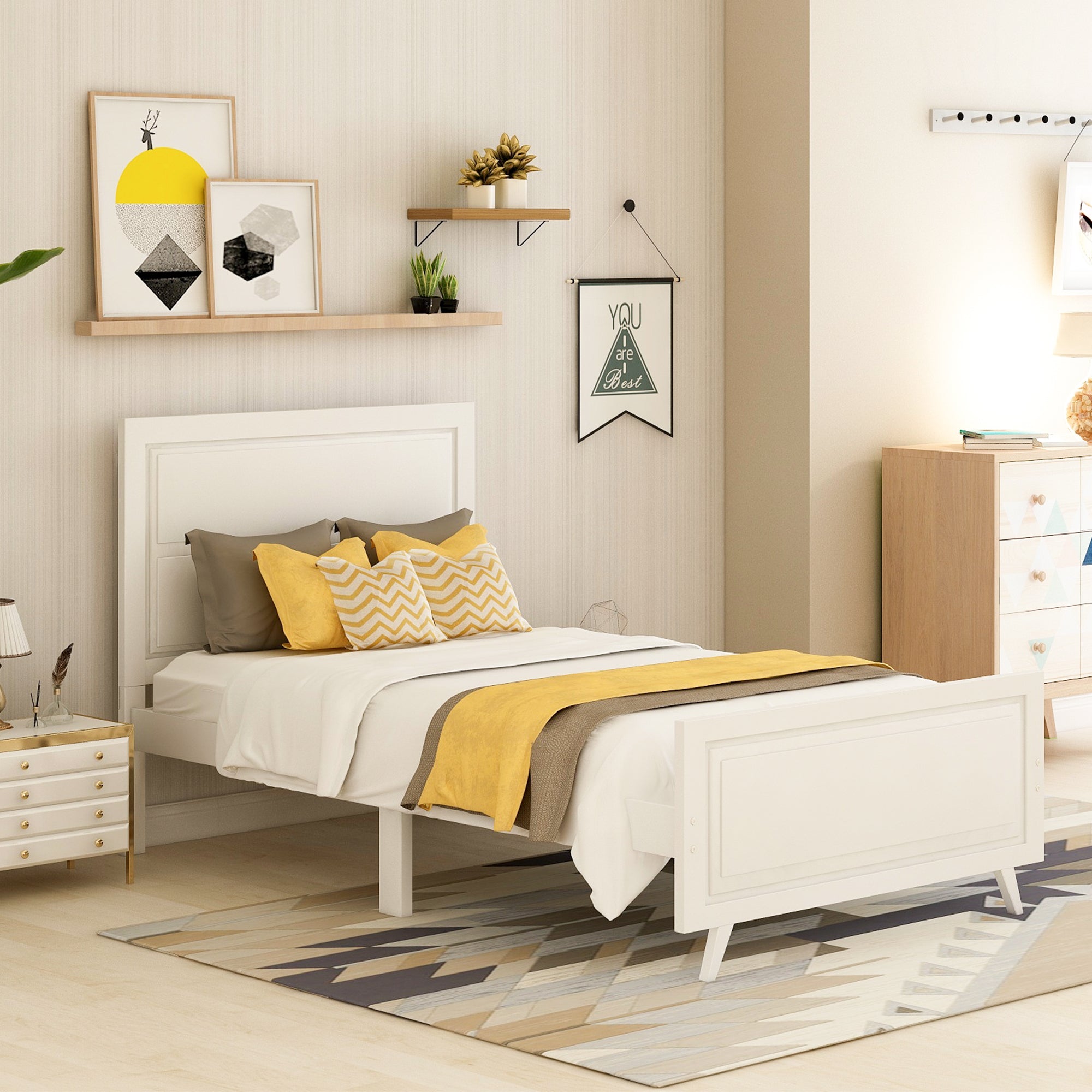 Wood Platform Bed Twin Bed Frame Mattress Foundation With Headboard And Wood Slat Support White White Solid Wood