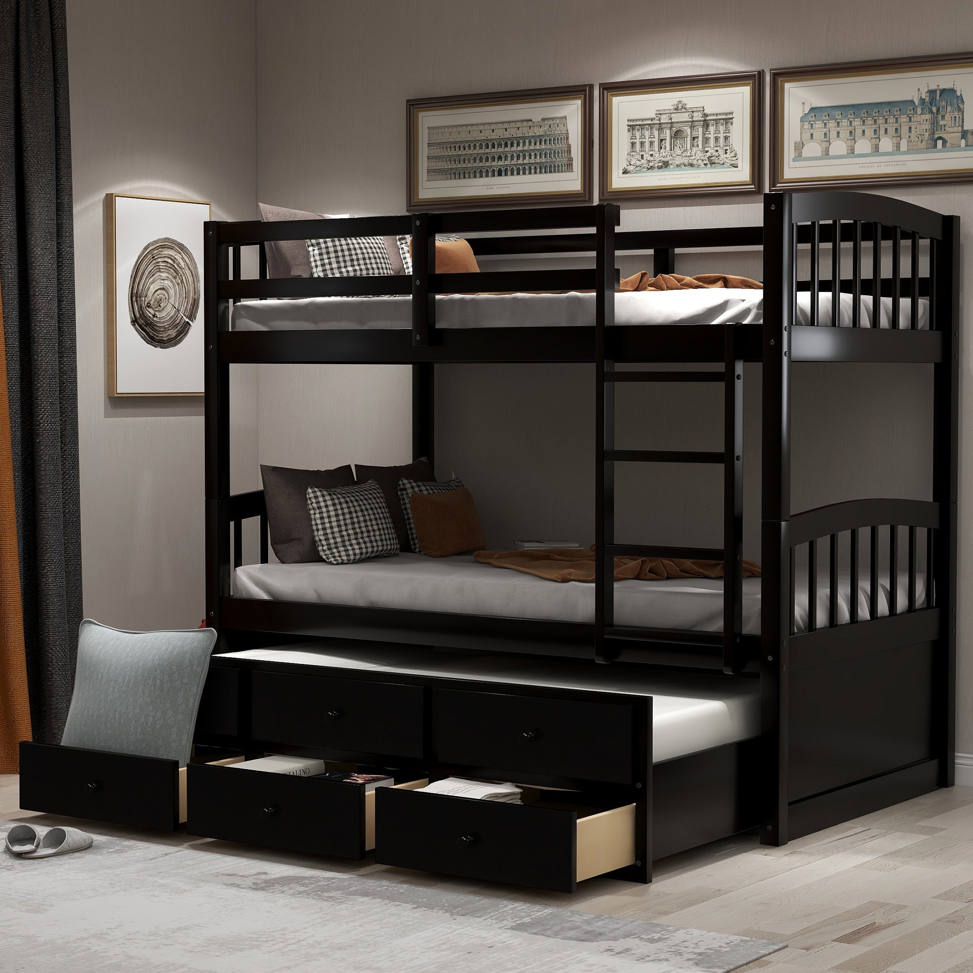 Twin Bunk Bed With Ladder, Safety Rail, Twin Trundle Bed With 3 Drawers For Teens Bedroom, Guest Room Furniture Espresso Old Sku :Lp000071Aap Espresso Solid Wood