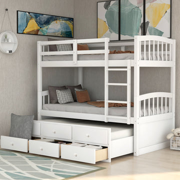 Twin Bunk Bed With Ladder, Safety Rail, Twin Trundle Bed With 3 Drawers For Teens Bedroom, Guest Room Furniture White Old Sku :Lp000071Aak White Solid Wood