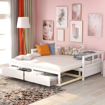 Wooden Daybed With Trundle Bed And Two Storage Drawersextendable Bed Daybed,Sofa Bed For Bedroom Living Room,White Twin White Solid Wood