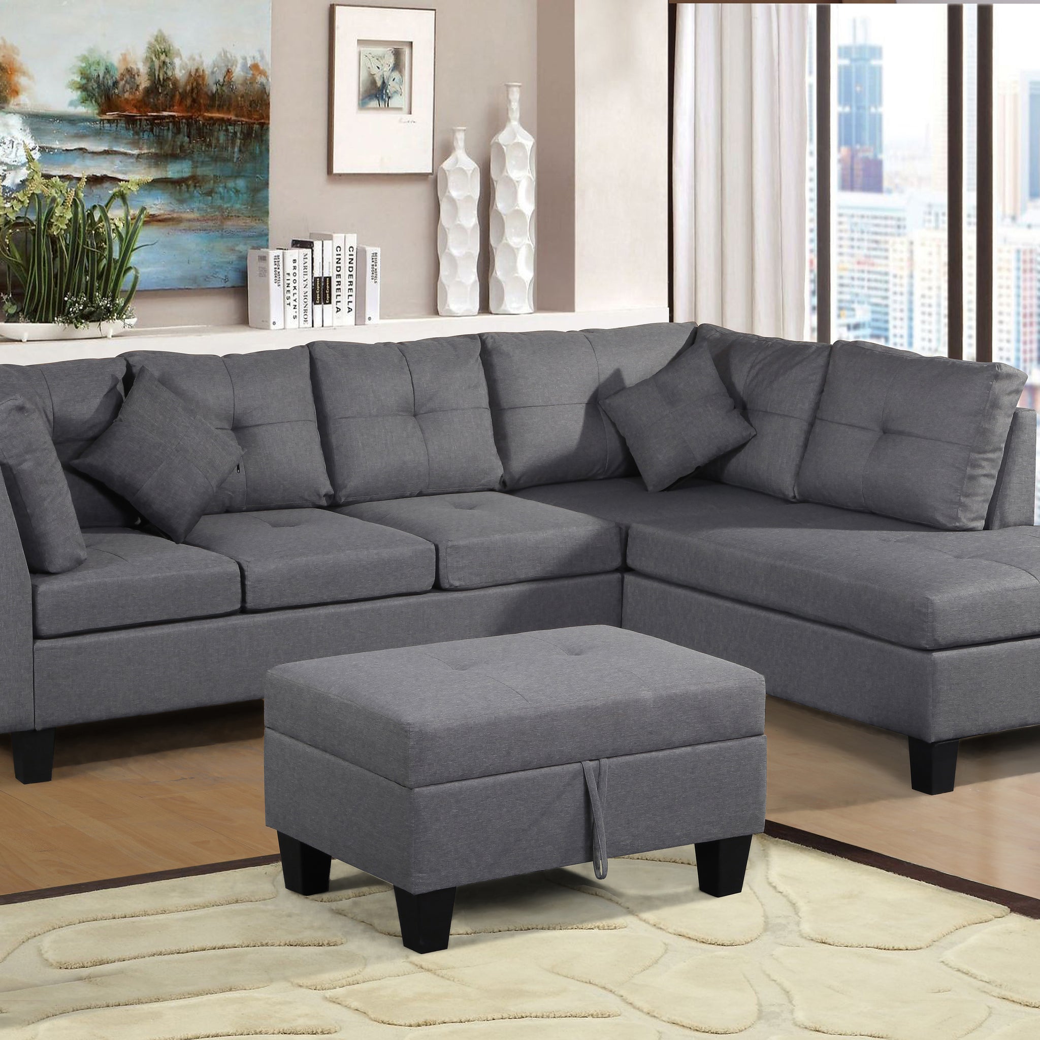 Sectional Sofa Set For Living Room With Right Hand Chaise Lounge And Storage Ottoman Grey Gray Fabric