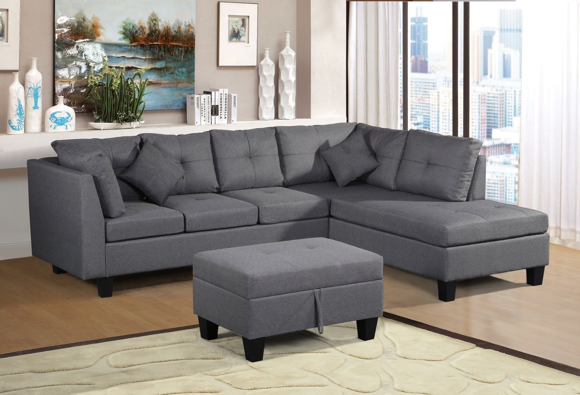 Sectional Sofa Set For Living Room With Right Hand Chaise Lounge And Storage Ottoman Grey Gray Fabric