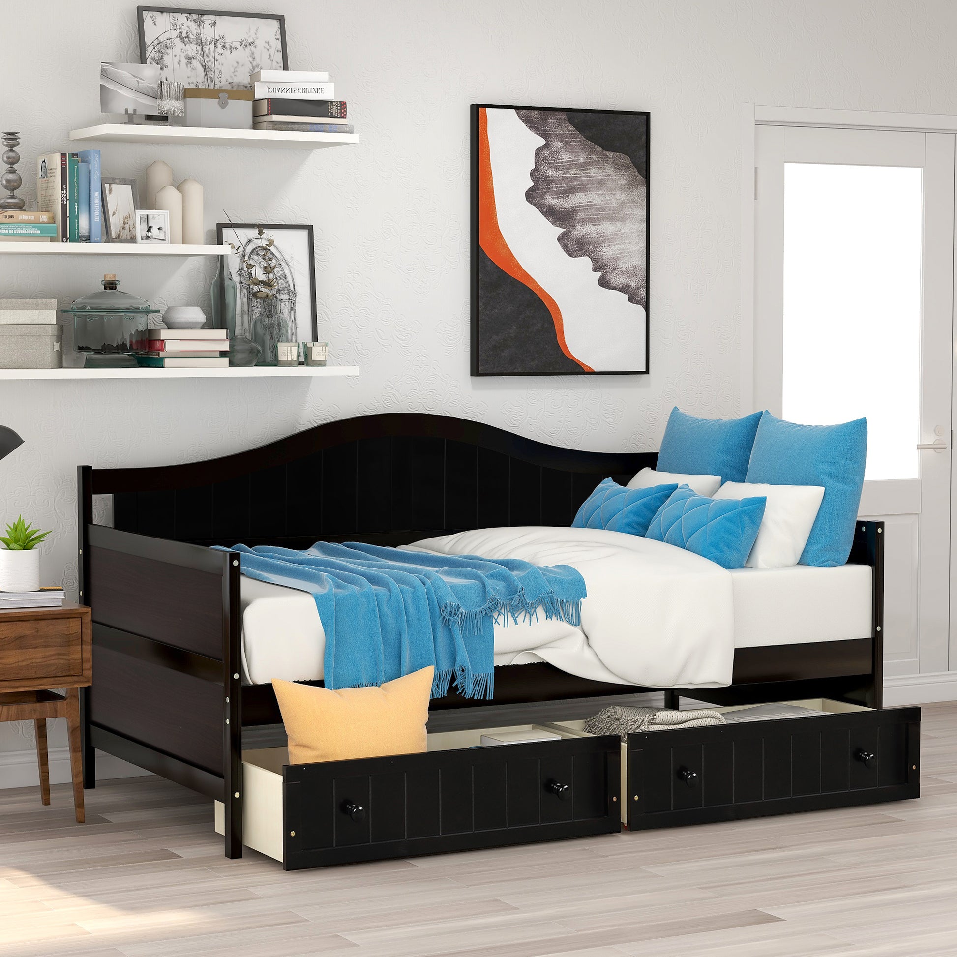 Twin Wooden Daybed With 2 Drawers, Sofa Bed For Bedroom Living Room,No Box Spring Needed,Espresso Espresso Solid Wood