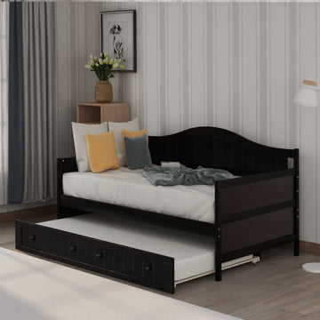 Twin Wooden Daybed With Trundle Bed, Sofa Bed For Bedroom Living Room, Espresso Espresso Solid Wood