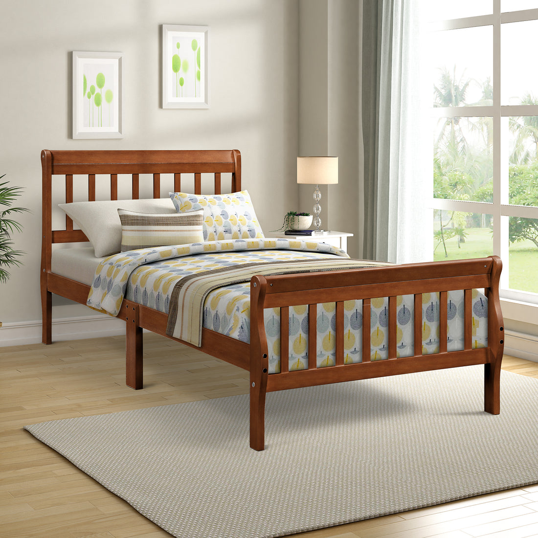 Wood Platform Bed Twin Bed Frame Panel Bed Mattress Foundation Sleigh Bed With Headboard Footboard Wood Slat Support Oak Solid Wood