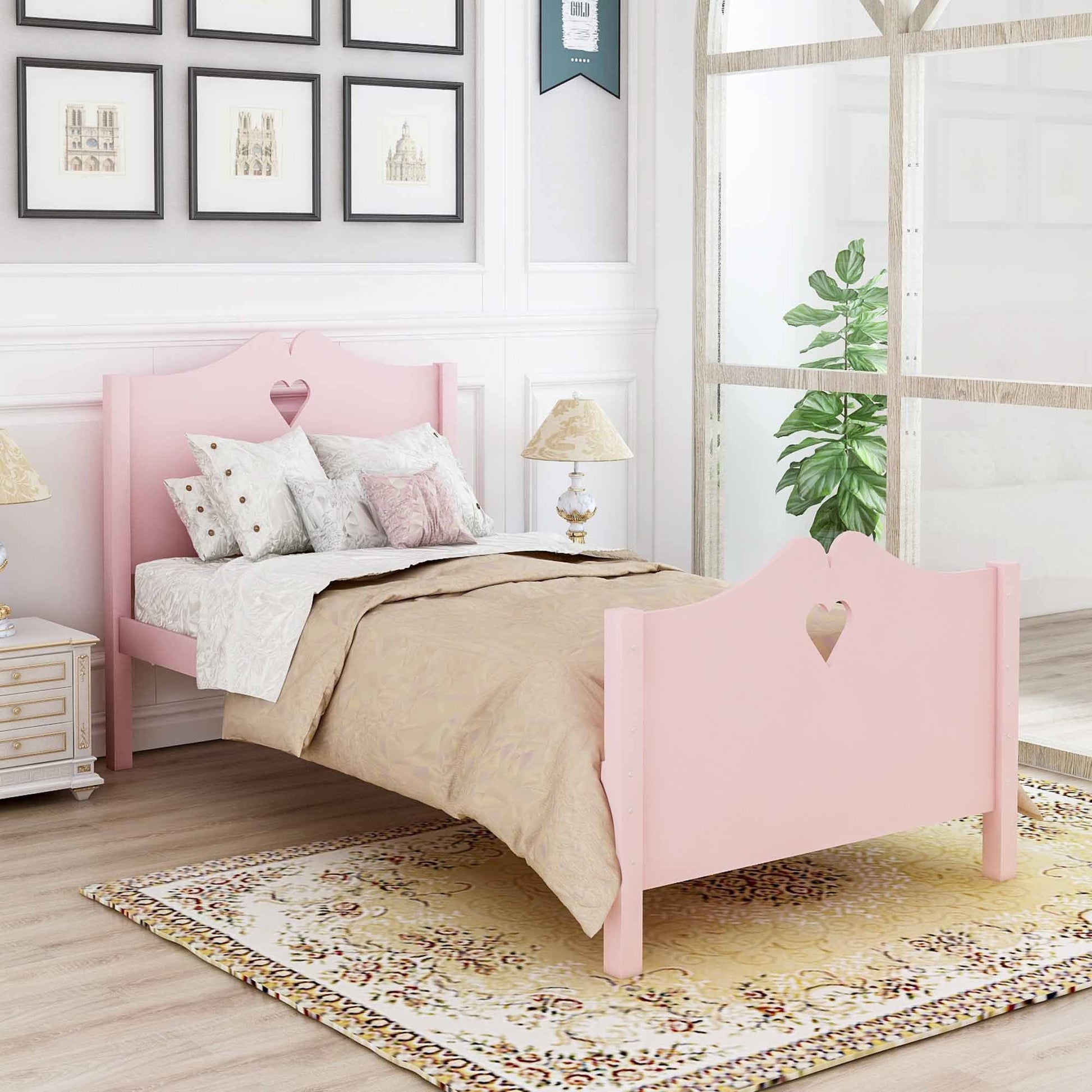 Twin Size Wood Platform Bed With Headboard,Footboard And Wood Slat Support Pink Pink Solid Wood