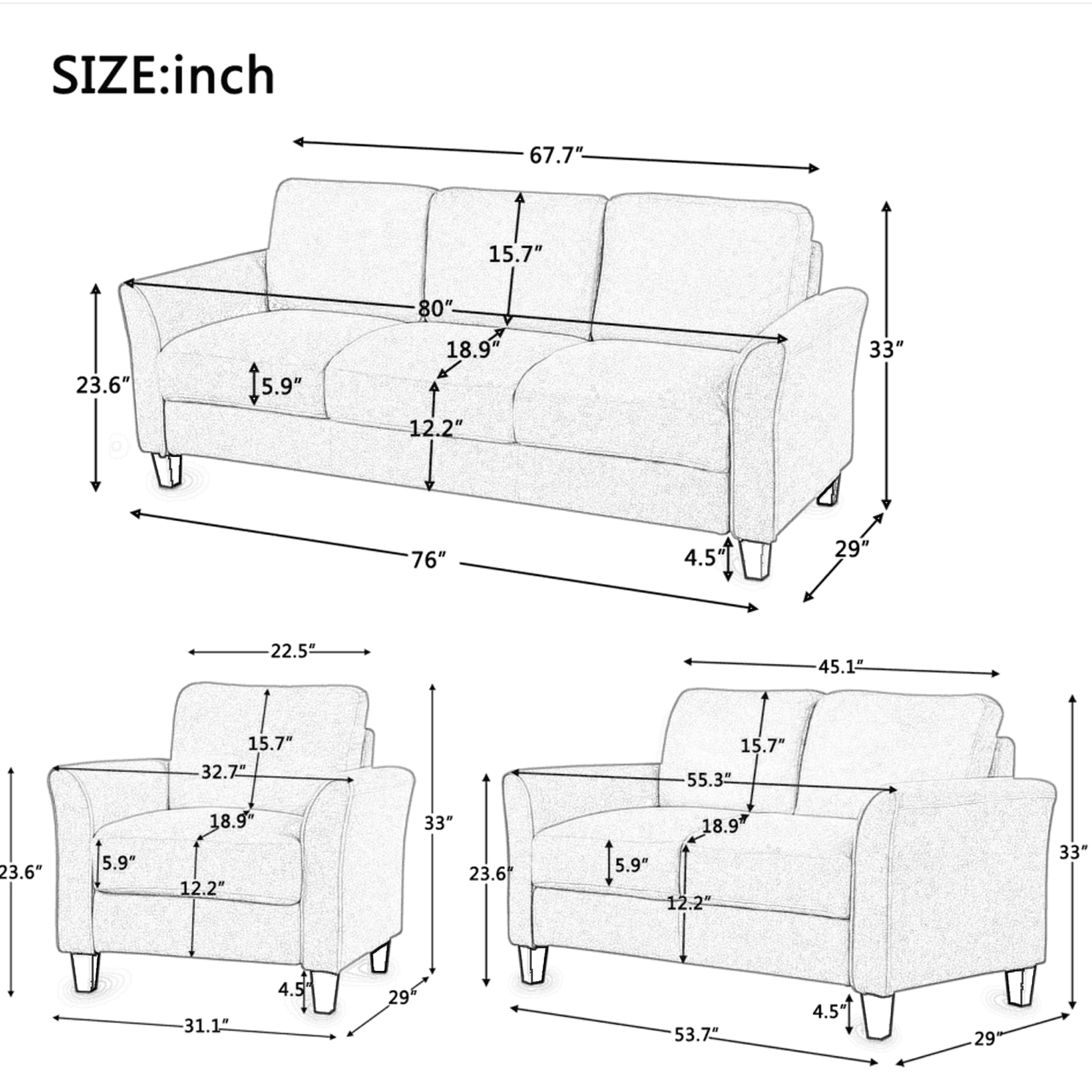 Polyester Blend 3 Pieces Sofa Set Black Polyester 6 Seat