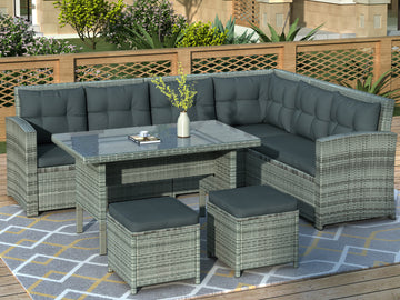 6 Piece Patio Furniture Set Outdoor Sectional Sofa With Glass Table, Ottomans For Pool, Backyard, Lawn Gray Yes Complete Patio Set Gray Water Resistant Frame Water Resistant Cushion Garden & Outdoor Sofa Seating Groups Foam Rattan