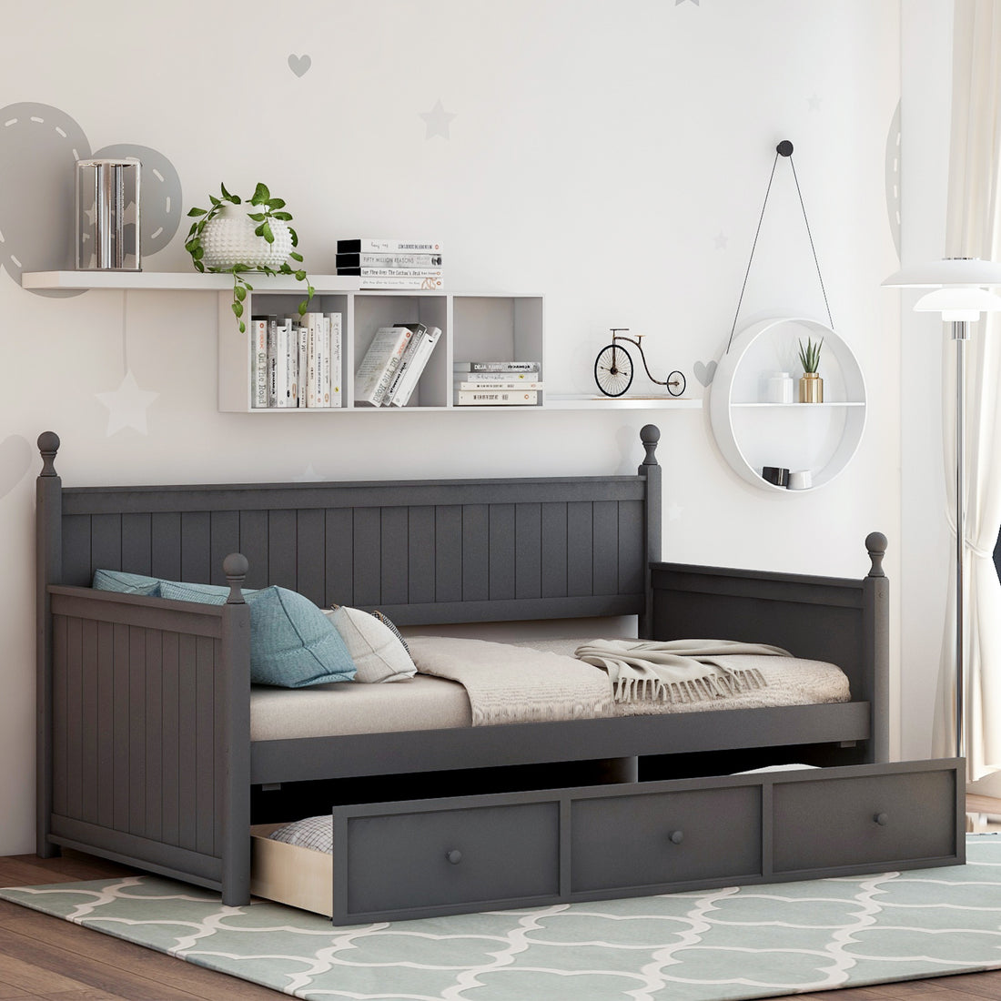 Wood Daybed With Three Drawers ,Twin Size Daybed,No Box Spring Needed ,Gray Gray Solid Wood