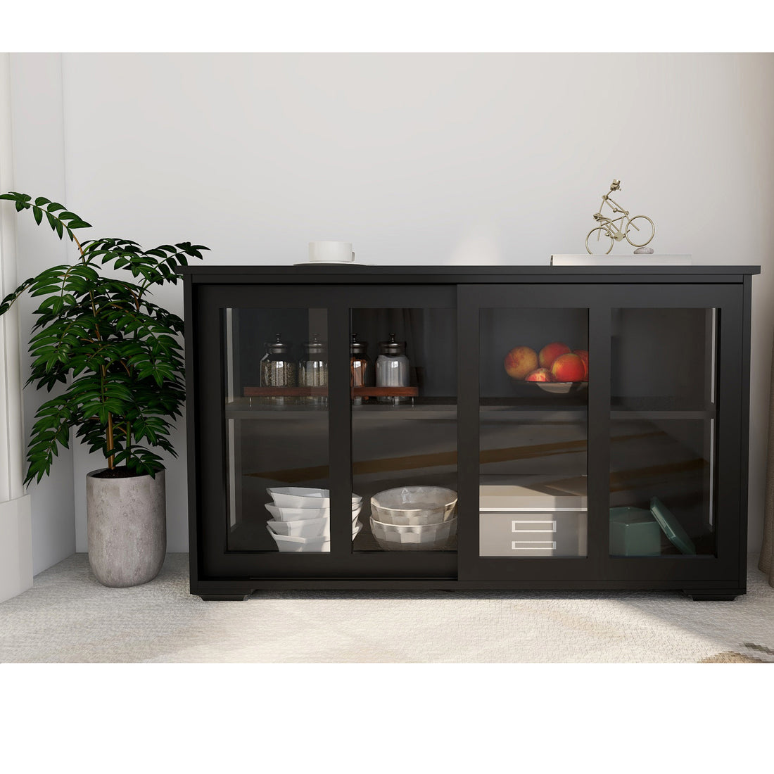 Kitchen Storage Stand Cupboard With Glass Door Black Black Mdf