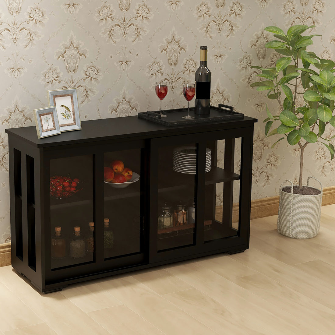 Kitchen Storage Stand Cupboard With Glass Door Black Black Mdf