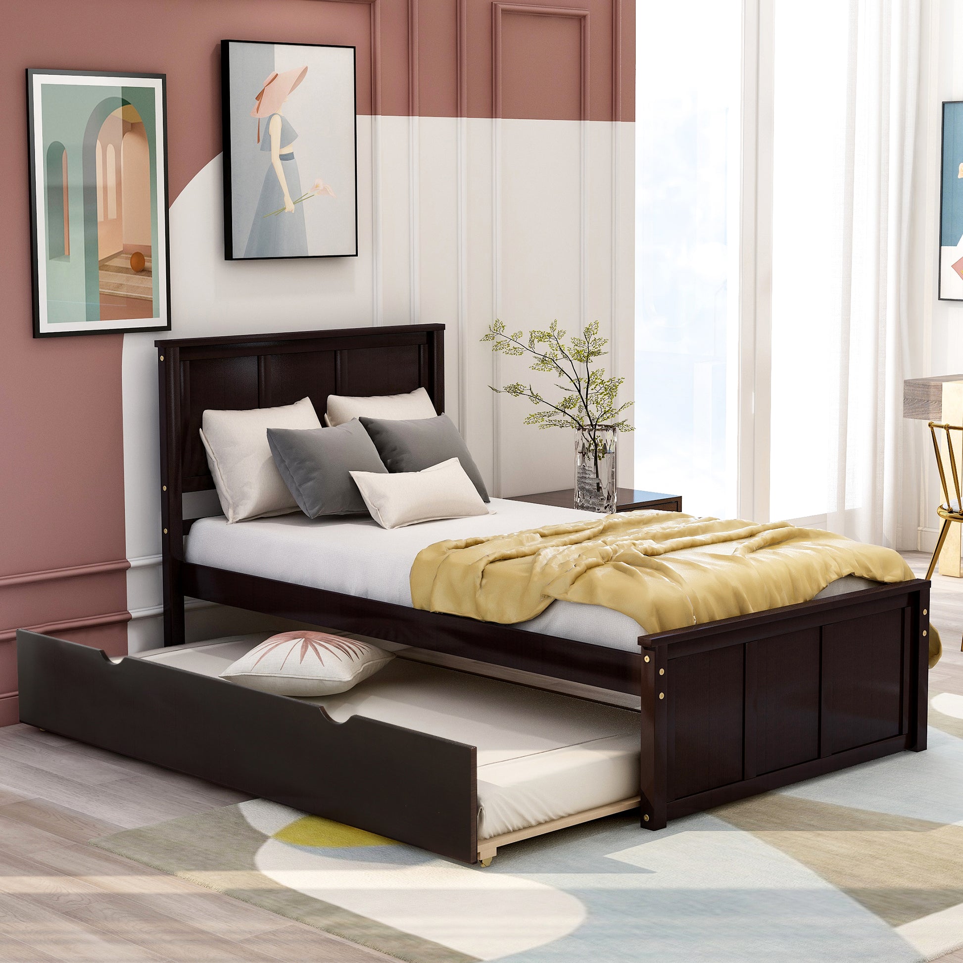 Platform Bed With Twin Size Trundle, Twin Size Frame, Espresso Espresso Pine