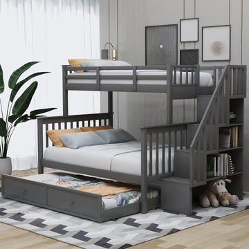 Stairway Twin Over Full Bunk Bed With Twin Size Trundle, Storage And Guard Rail For Bedroom, Dorm, For Adults, Gray Old Sku :Lt000119Aae Twin Gray Solid Wood