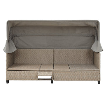 4 Piece Uv Proof Resin Wicker Patio Sofa Set With Retractable Canopy, Cushions And Lifting Table,Brown Yes Complete Patio Set Brown Water Resistant Frame Water Resistant Cushion Garden & Outdoor Casual Sofa Seating Groups Foam Rattan