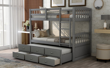 Twin Bunk Bed With Ladder, Safety Rail, Twin Trundle Bed With 3 Drawers For Bedroom, Guest Room Furniture Gray Old Sku :Lp000071Aae Gray Solid Wood