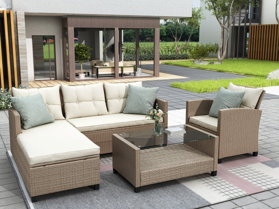 Outdoor, Patio Furniture Sets, 4 Piece Conversation Set Wicker Ratten Sectional Sofa With Seat Cushions Beige Brown Beige Rattan