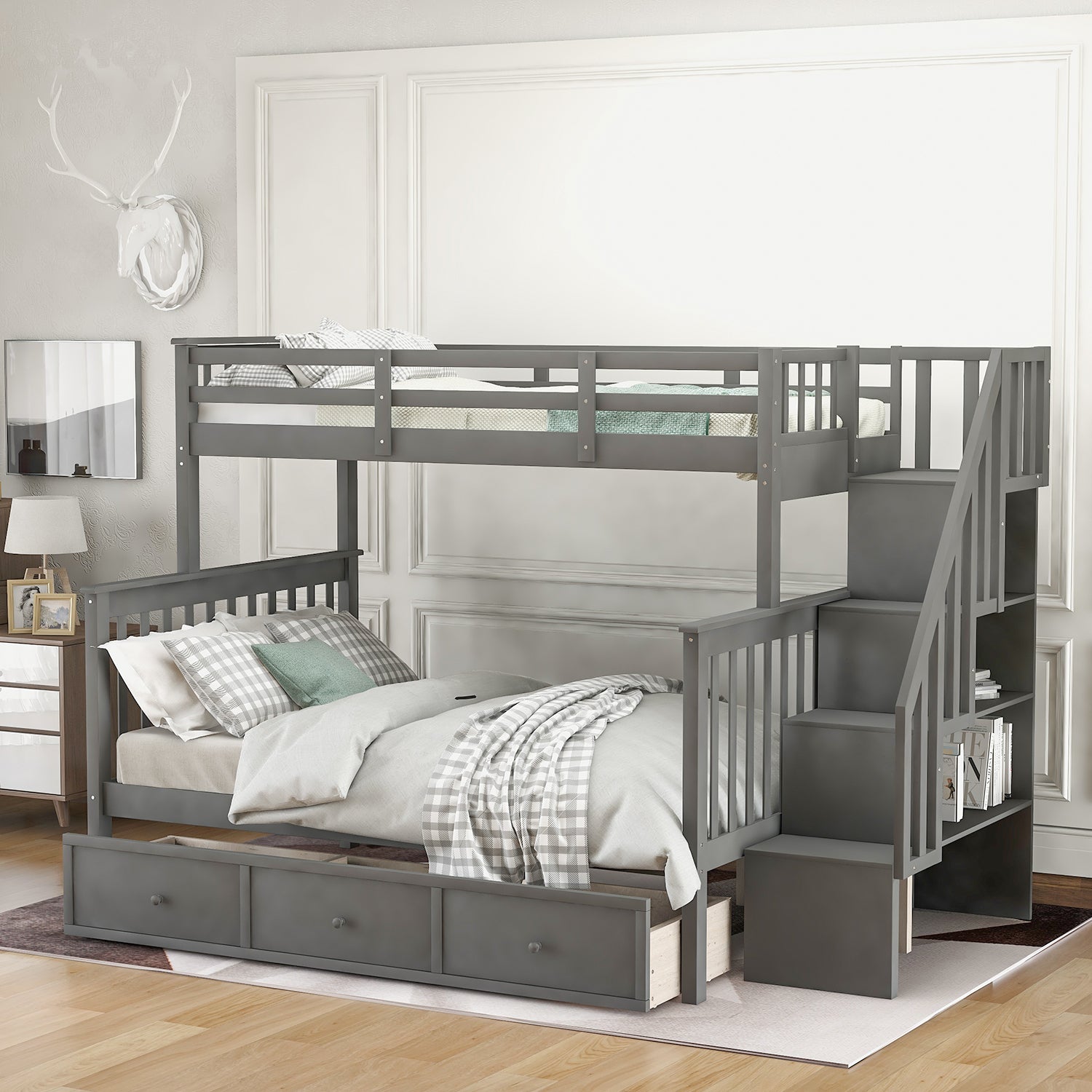 Stairway Twin Over Full Bunk Bed With Drawer, Storage And Guard Rail For Bedroom, Dorm, For Adults, Gray Color Old Sku: Lp000219Aae Gray Solid Wood