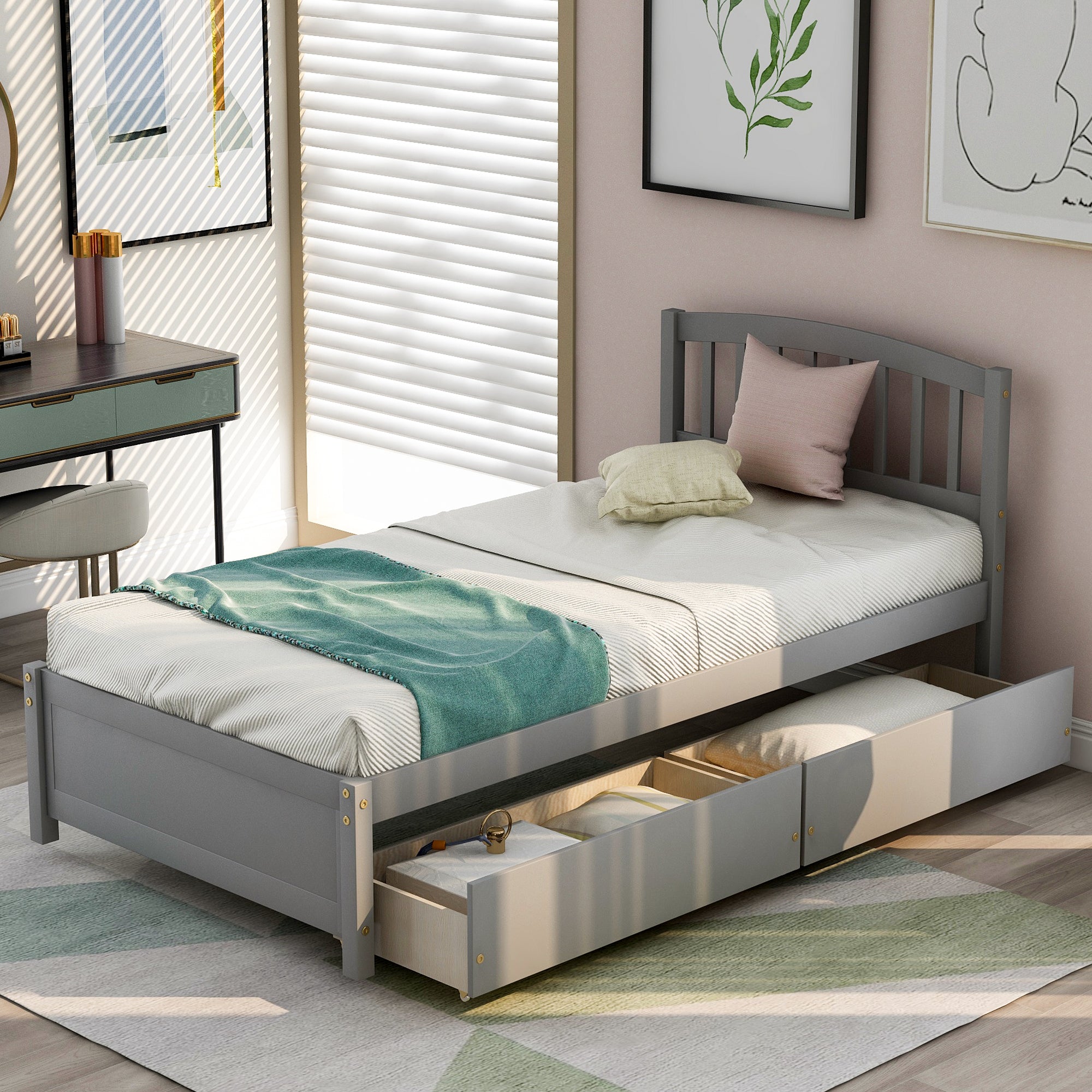 Twin Platform Storage Bed Wood Bed Frame With Two Drawers And Headboard, Gray Twin Gray Solid Wood