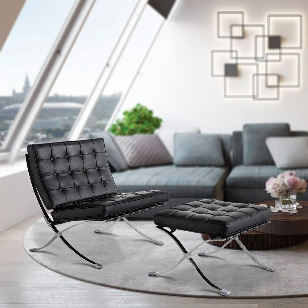 Mid Century Foldable Lounge Chair With Ottoman Black Genuine Leather 1 Seat